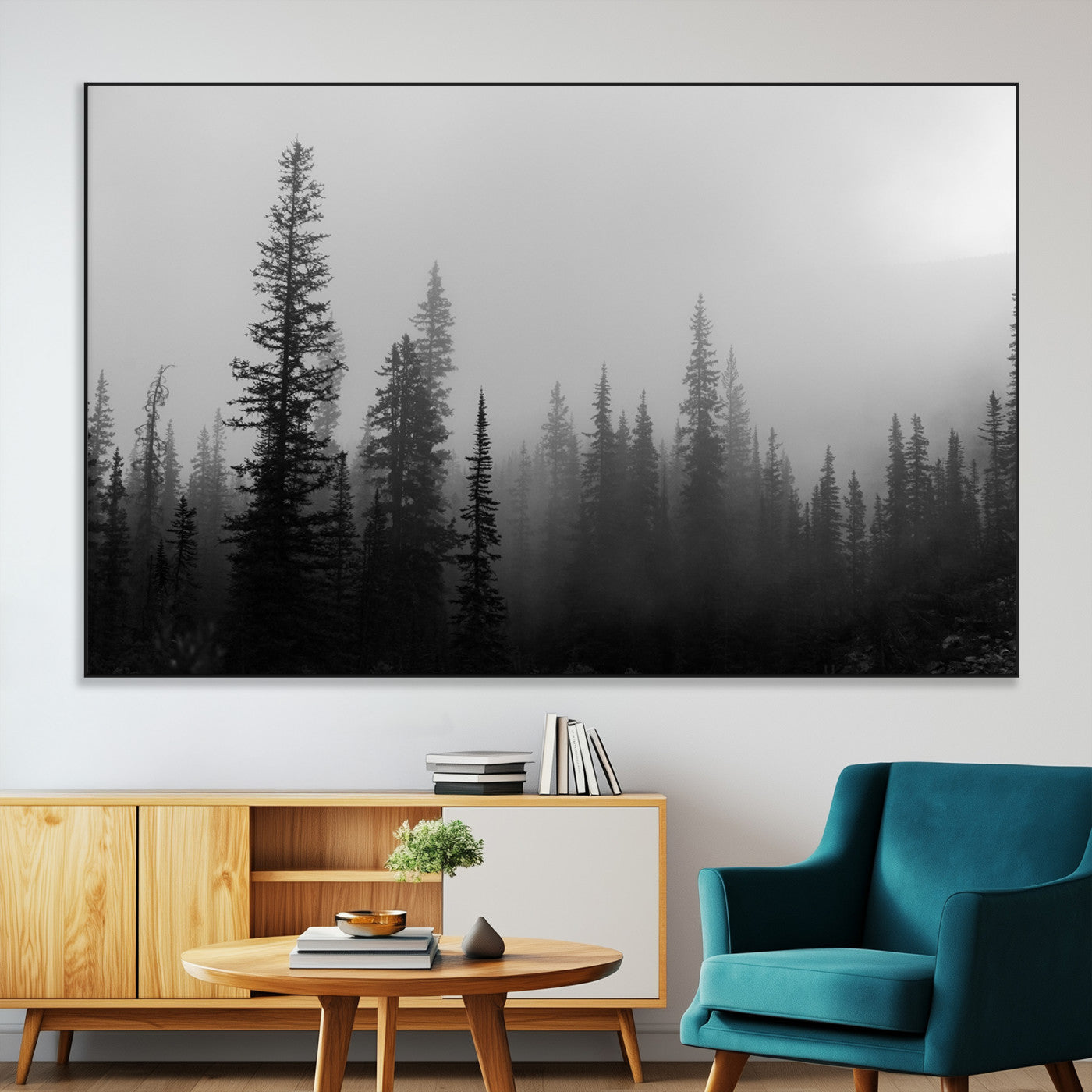 73138900-MGV-CV-36X24-Misty Pines Wall Art Canvas Print, Framed Woodland Photography Art Picture Print, Minimalist Decor Perfect Modern Rustic Decor
