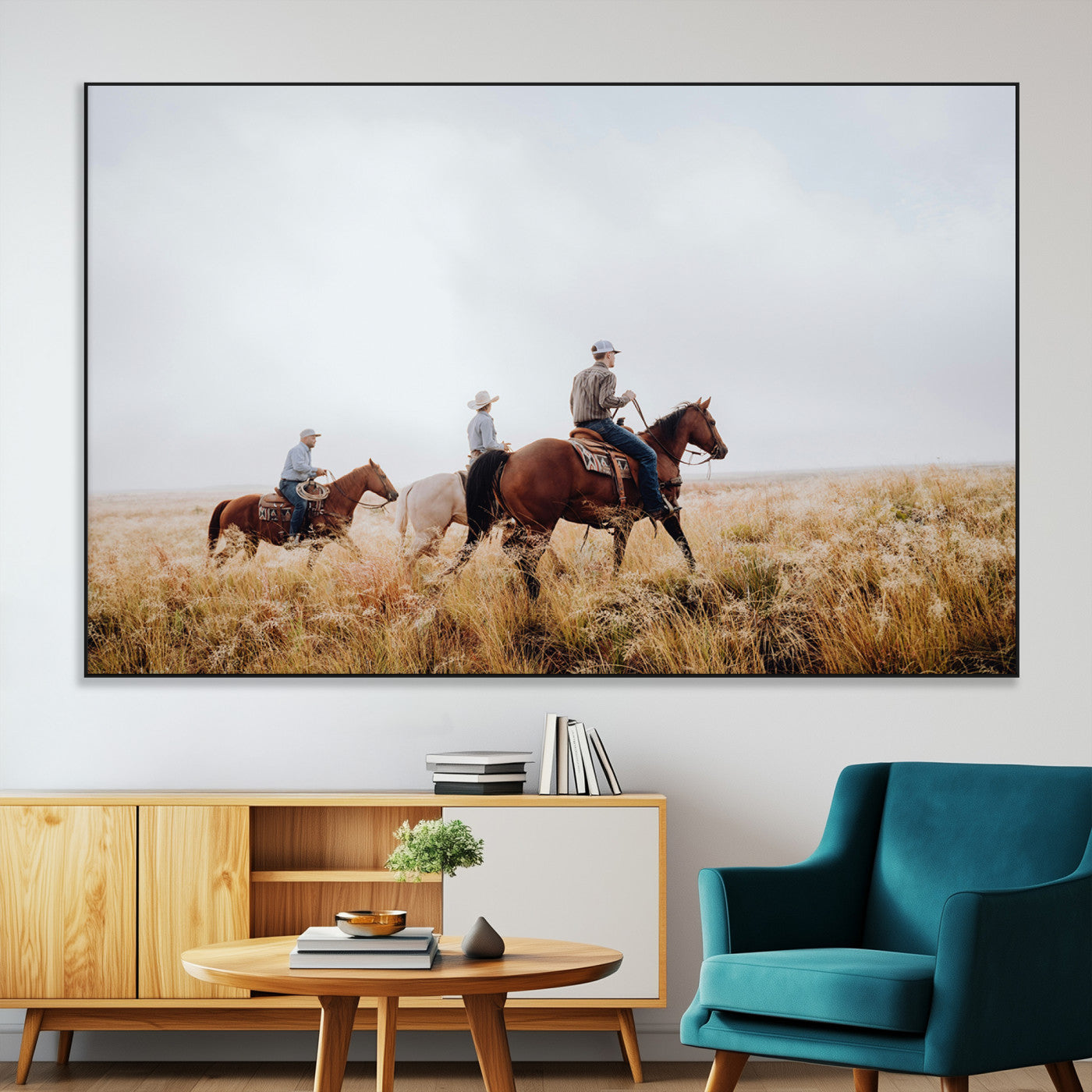 94723307-MGV-CV-36X24-Western Cowboys Wall Art Canvas Print, Framed Rustic Prairie Art Picture Print, Horseback Riding Perfect Rustic Western Decor