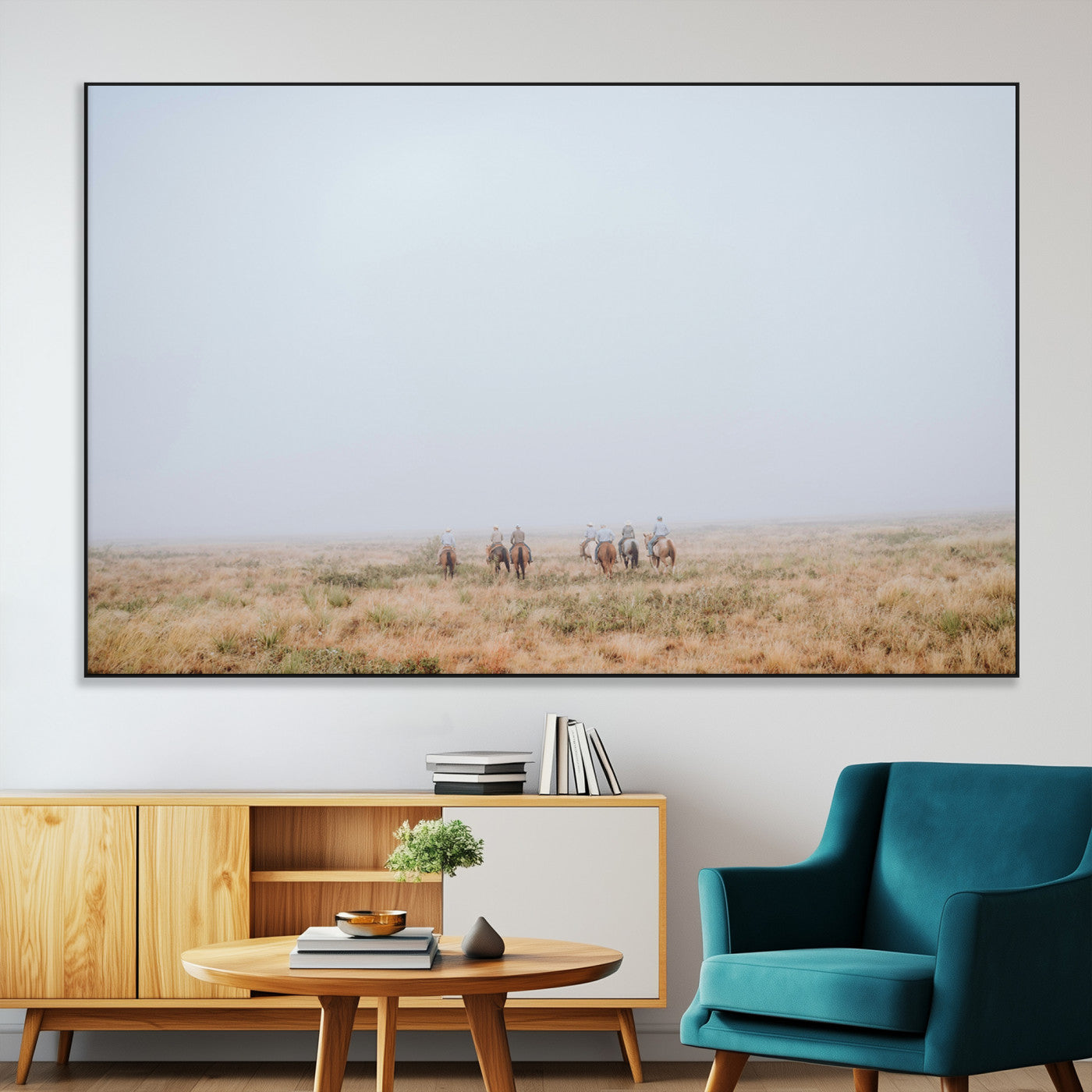 14761944-MGV-CV-36X24-Foggy Plains Wall Art Canvas Print, Framed Horseback Riders Art Picture Print, Rustic Western Perfect Rustic Western Decor Artwork