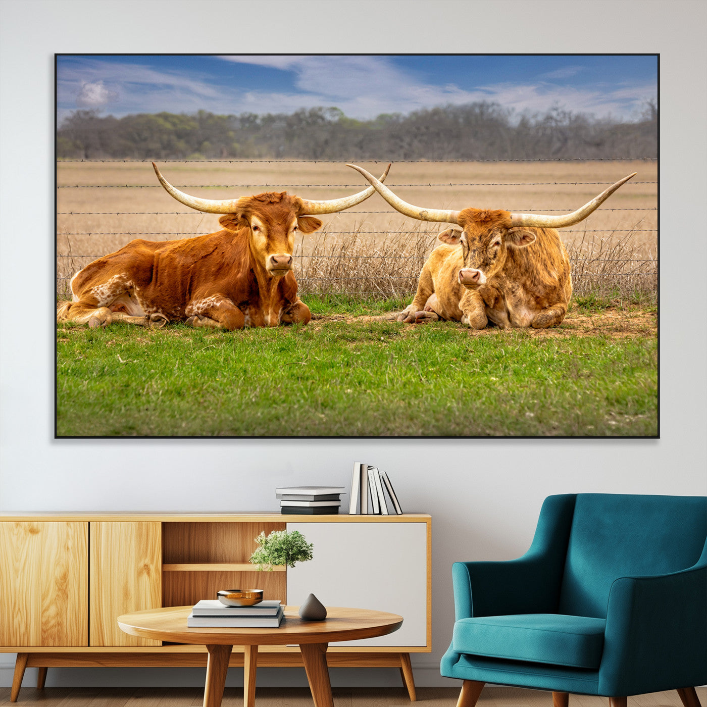 54598515-MGV-CV-36X24-Texas Longhorns Wall Art – Rustic Cattle Ranch Canvas Print, Western Farmhouse Animal Photography Decor for Living Room, Office,