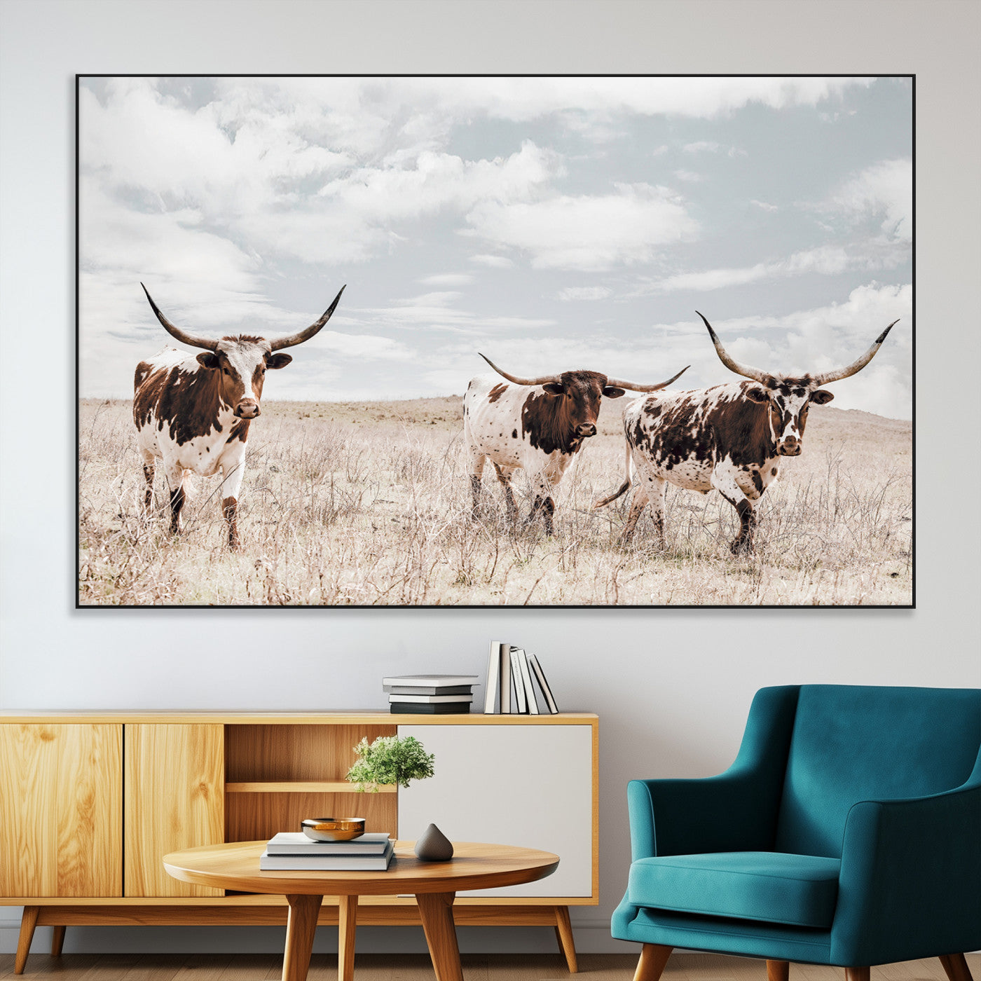 65621083-MGV-CV-36X24-Texas Longhorn Wall Art – Rustic Western Cattle Canvas Print, Southwestern Ranch Photography Decor for Living Room, Office,