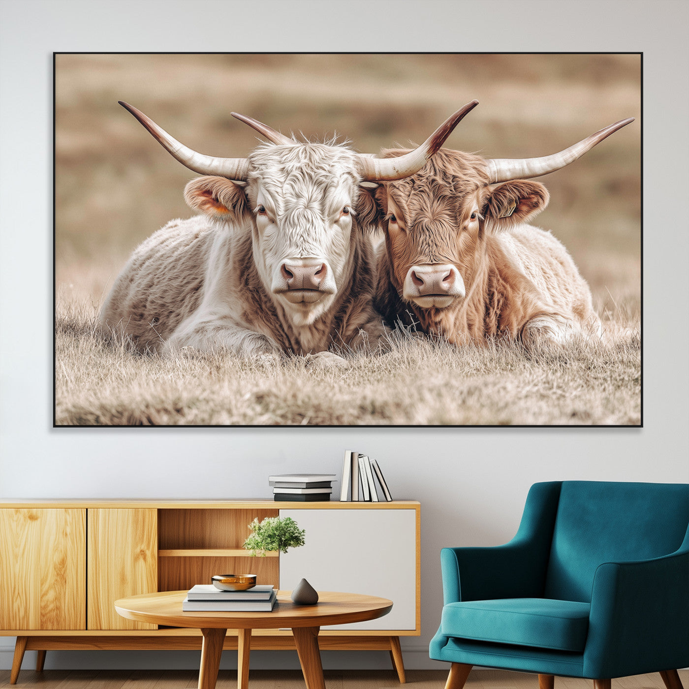 38651722-MGV-CV-36X24-Cow Wall Art – Rustic Longhorn Pair Canvas Print, Western Farmhouse Animal Painting, Country Ranch Decor for Living Room, Bedroom,