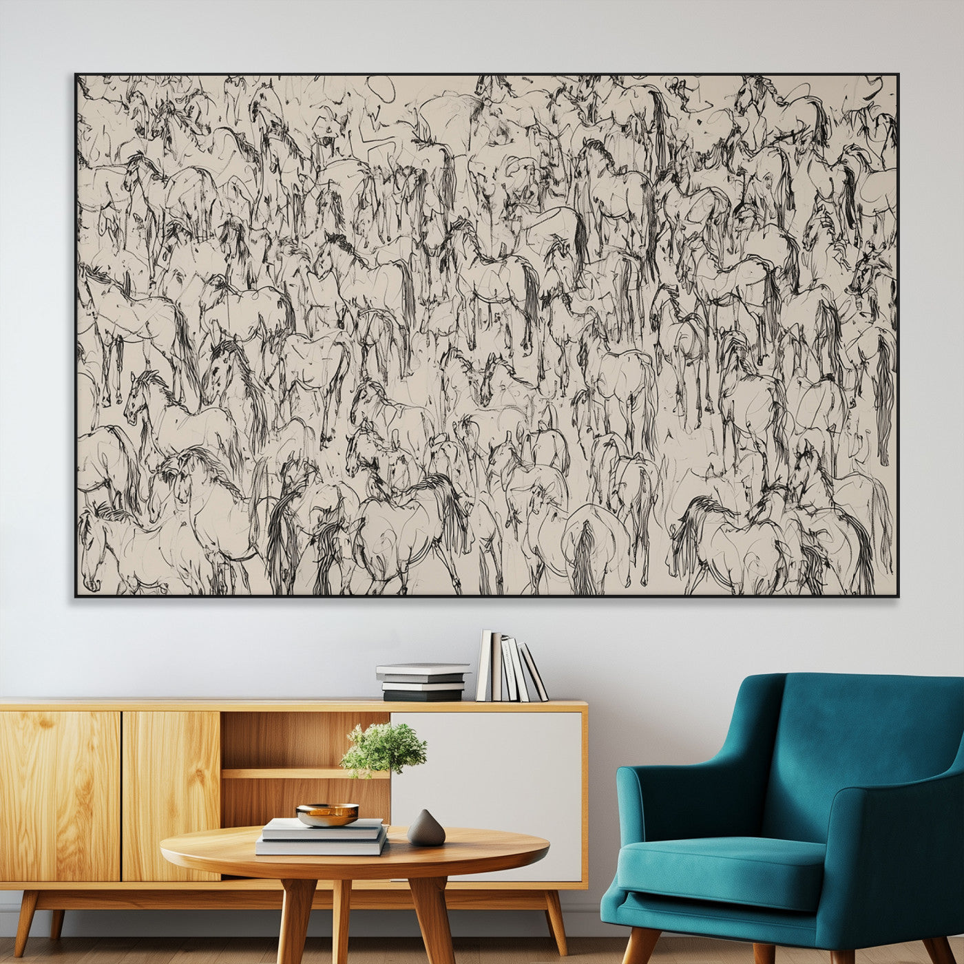 12358908-MGV-CV-36X24-Horse Herd Sketch Wall Art – Abstract Wild Horses Line Drawing Canvas Print, Rustic Western Style Equestrian Decor for Living