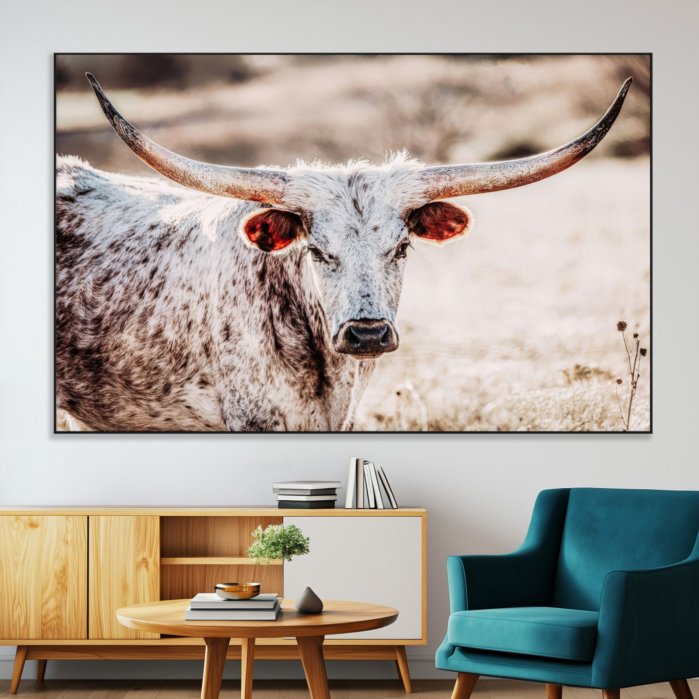 72388892-MGV-CV-36X24-Texas Longhorn Wall Art – Rustic Western Canvas Print, Cowboy Style Farmhouse Bull Artwork for Living Room, Ranch, Office or Man