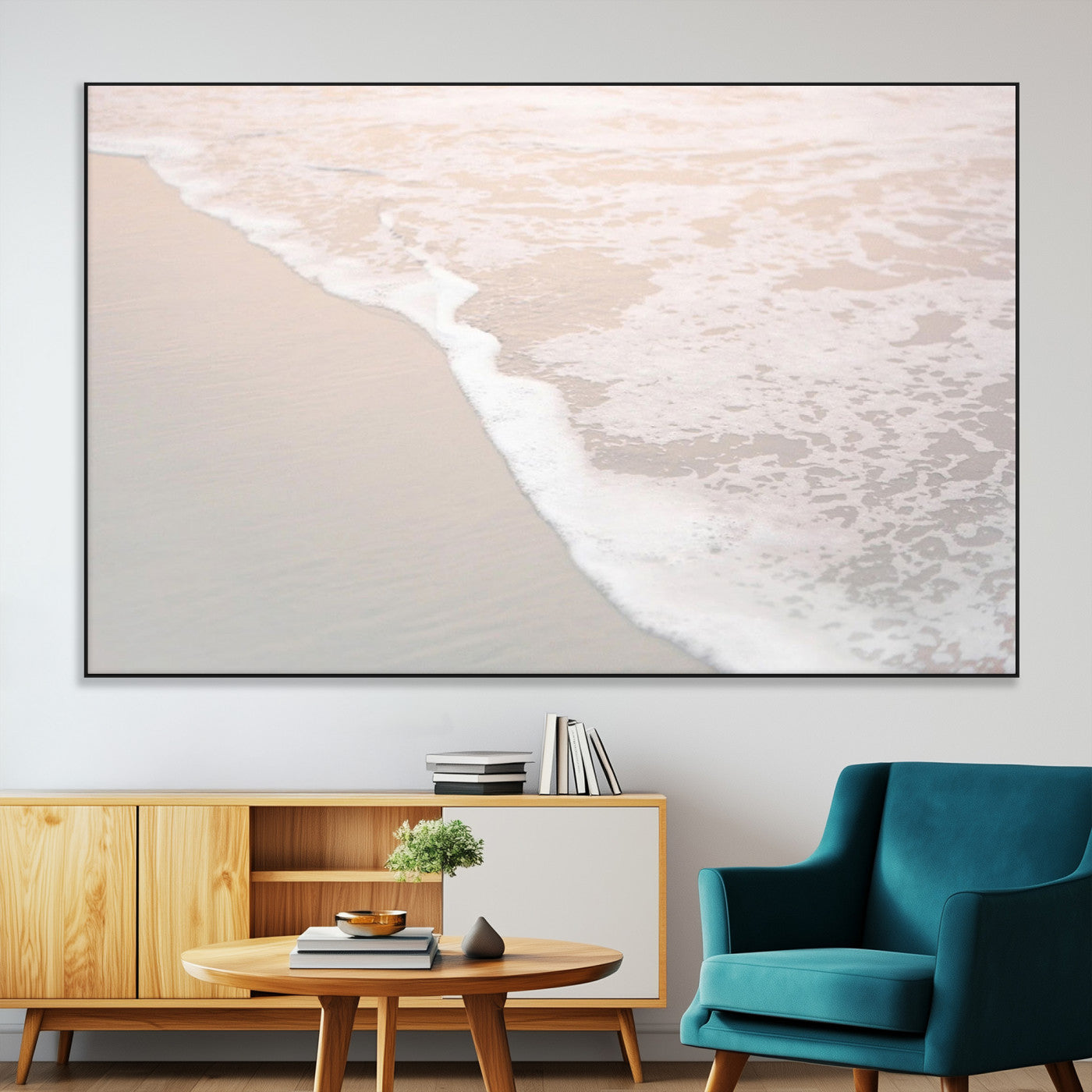 28414510-MGV-CV-36X24-Ocean Shoreline Wall Art – Minimal Coastal Beach Canvas Print, Soft Sea Foam and Sand Photography Artwork, Relaxing Nautical Decor