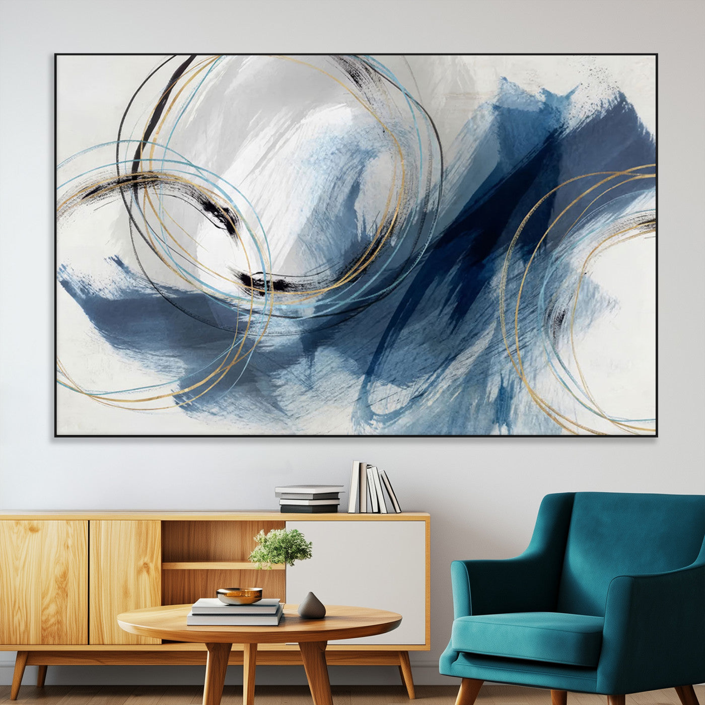 49589477-MGV-CV-36X24-Blue Abstract Wall Art – Modern Circle Canvas Print with Gold and Black Accents, Contemporary Fluid Brushstroke Painting for