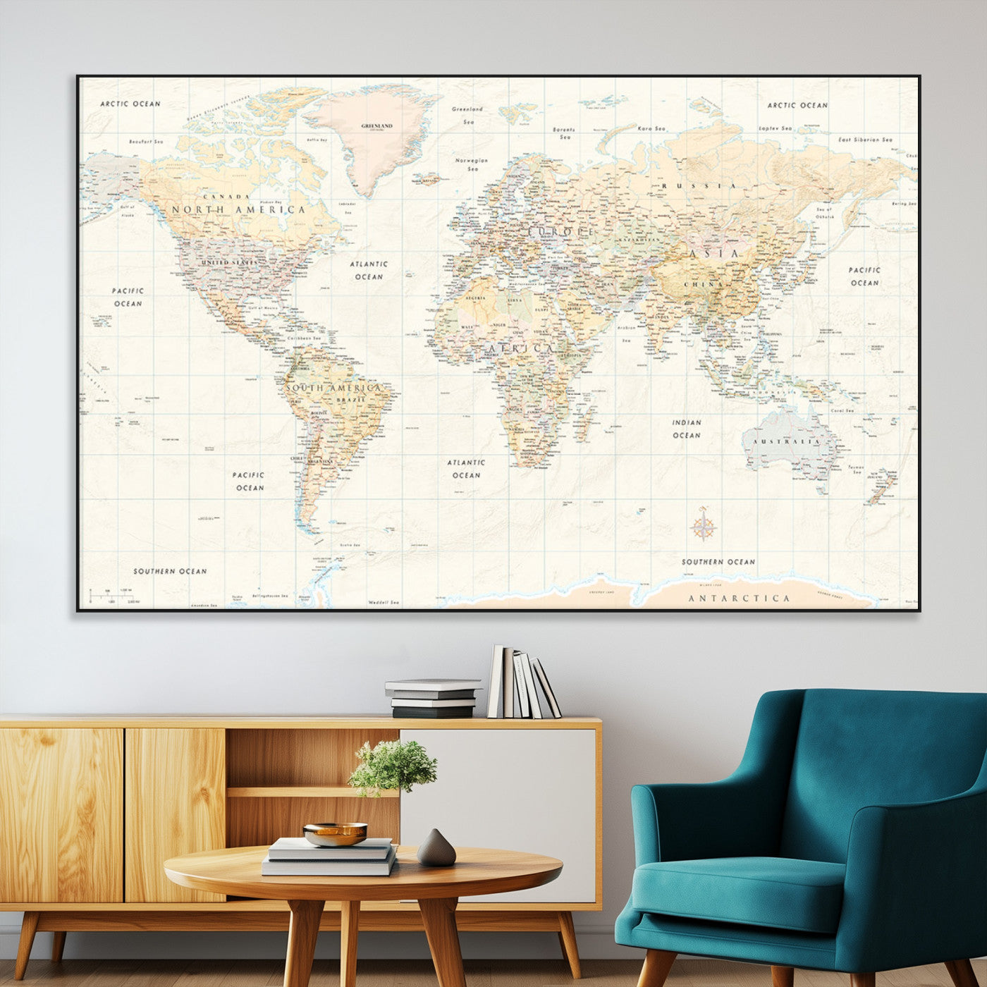 40660043-MGV-CV-36X24-World Map Wall Art – Large Detailed Atlas Style Map Print with Countries, Cities, and Oceans, Neutral Beige and Tan Educational