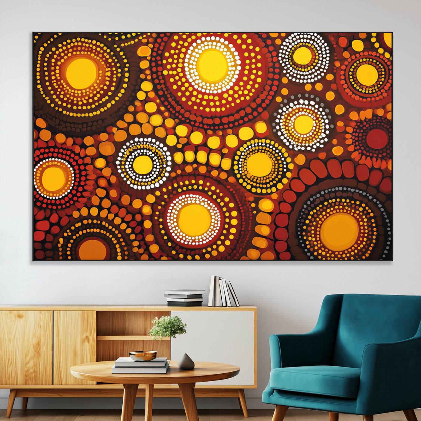 81120549-MGV-CV-36X24-Abstract Dot Painting Wall Art – Vibrant Tribal Boho Style Canvas Print with Sunburst Mandala Circles in Warm Red, Yellow, Orange