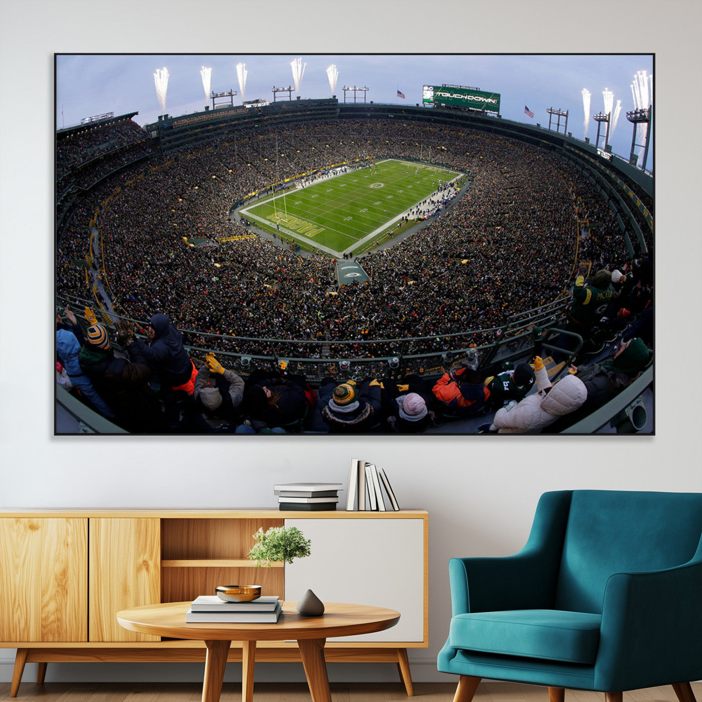 14387817-MGV-CV-36X24-Lambeau Field Stadium Wall Art – Green Bay Packers Game Day Canvas Print with Fireworks and Crowd – NFL Football Fan Man Cave