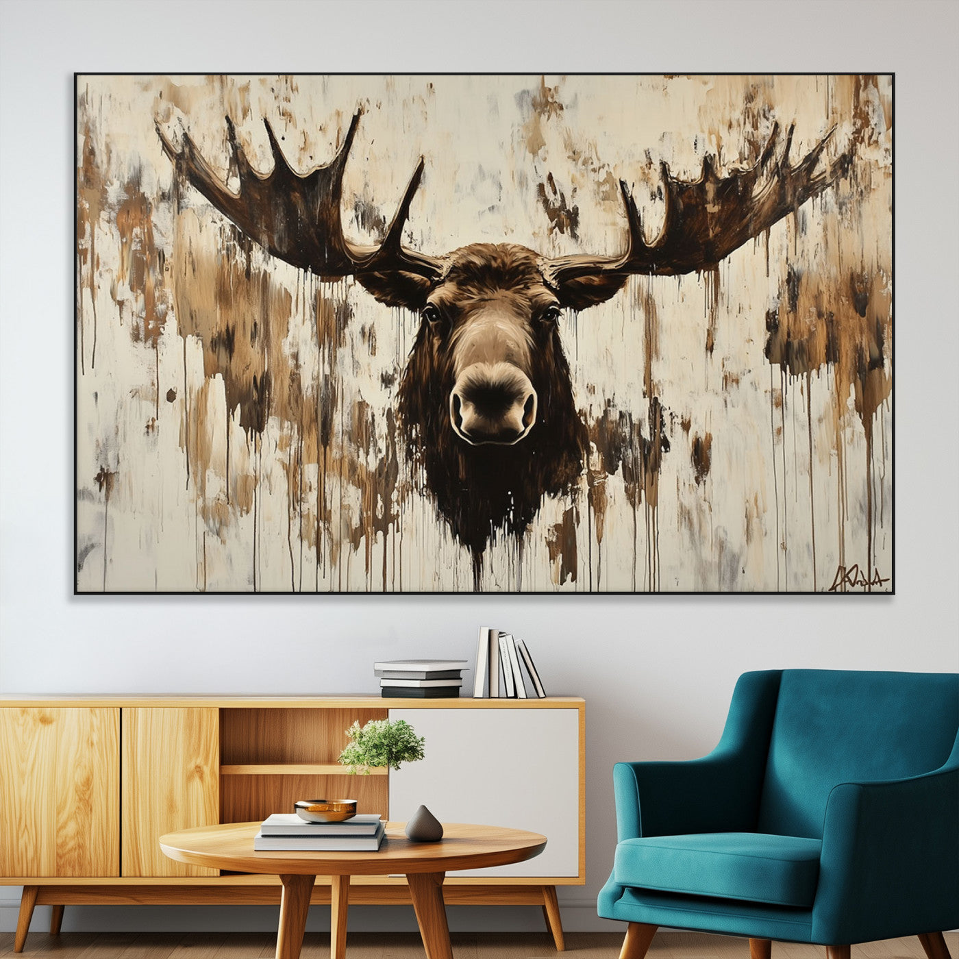 34496536-MGV-CV-36X24-Rustic Moose Wall Art – Modern Abstract Animal Canvas Print – Majestic Moose Head Painting with Neutral Earth Tones for Cabin,