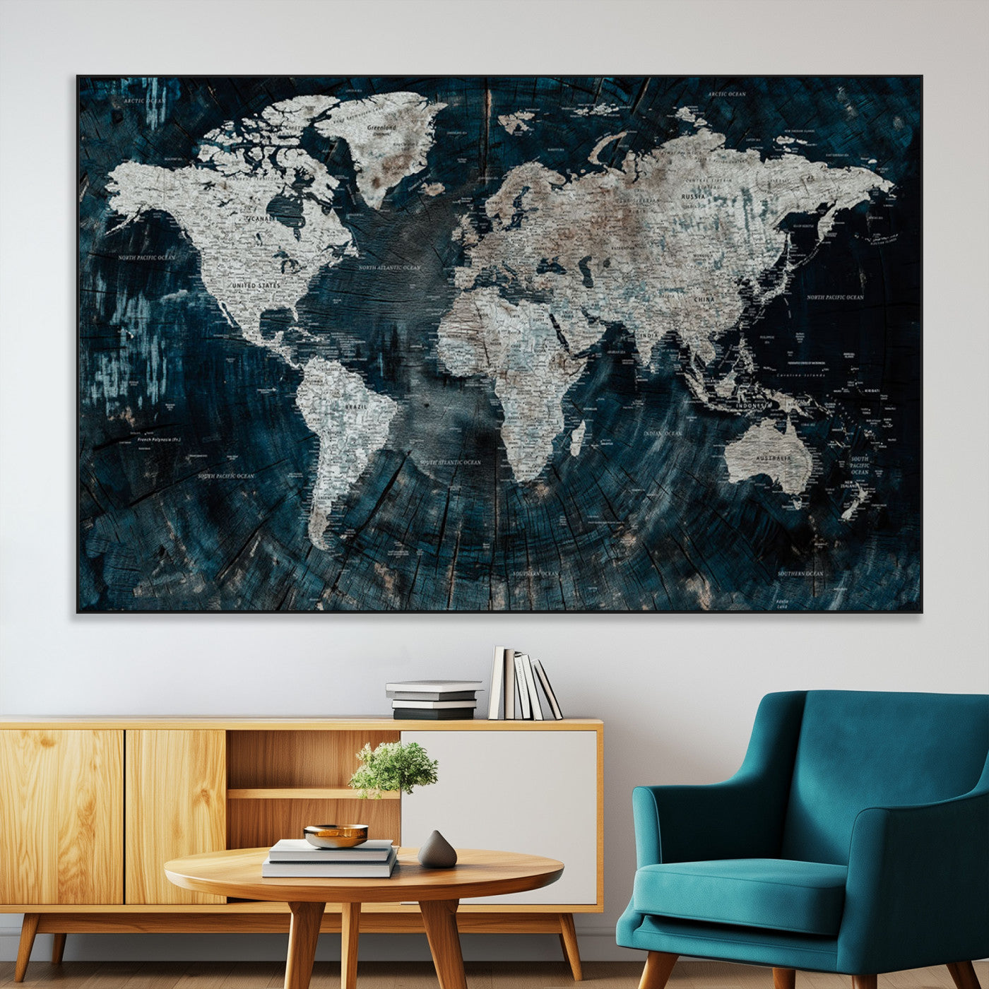 34425609-MGV-CV-36X24-World Map Wall Art – Rustic Navy and Grey Atlas Canvas Print, Distressed Explorer Map Artwork, Industrial Style Decor for Office,
