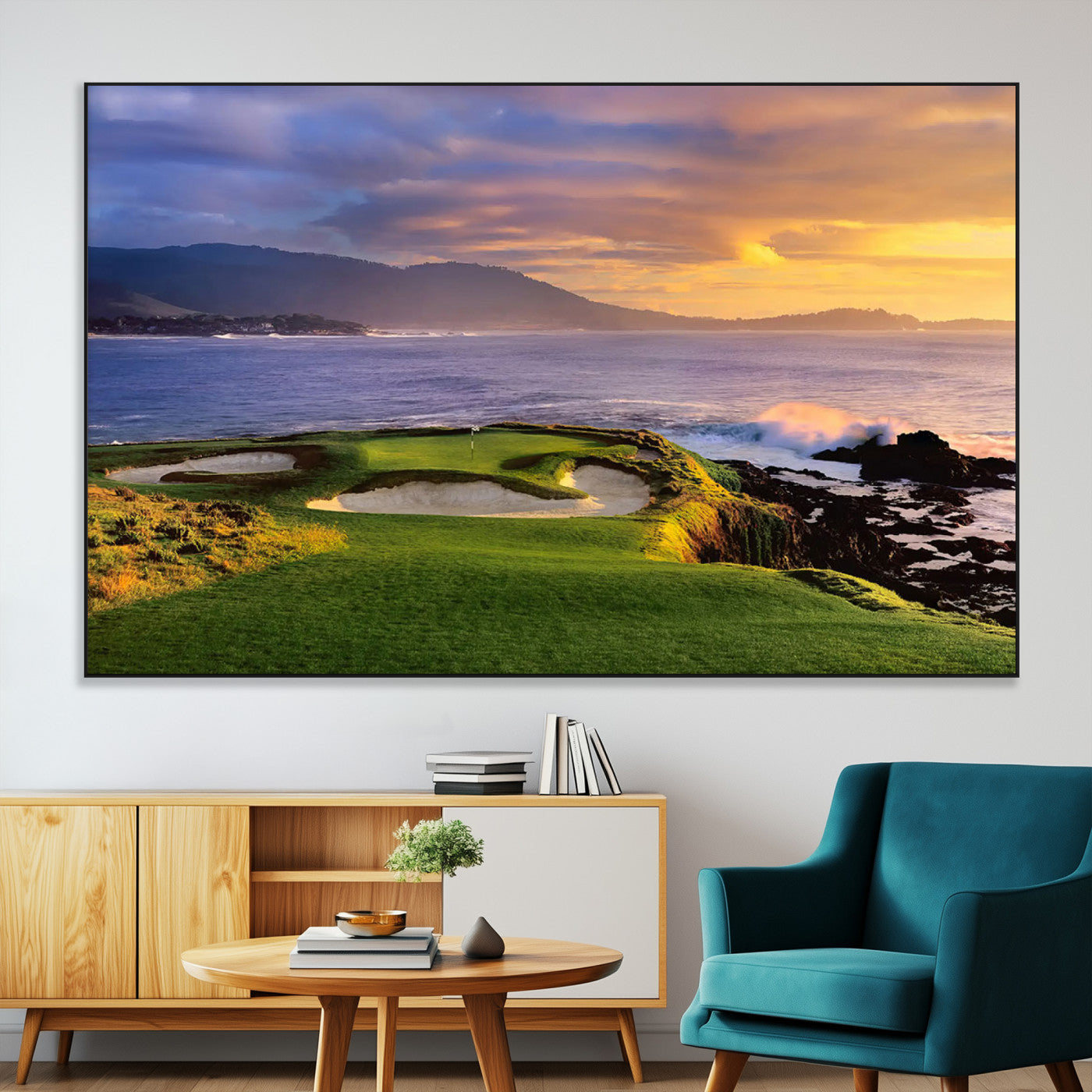 39644075-MGV-CV-36X24-Golf Course Wall Art – Coastal Sunset Canvas Print, Scenic Oceanfront Fairway Landscape Decor for Office, Man Cave, or Living Room