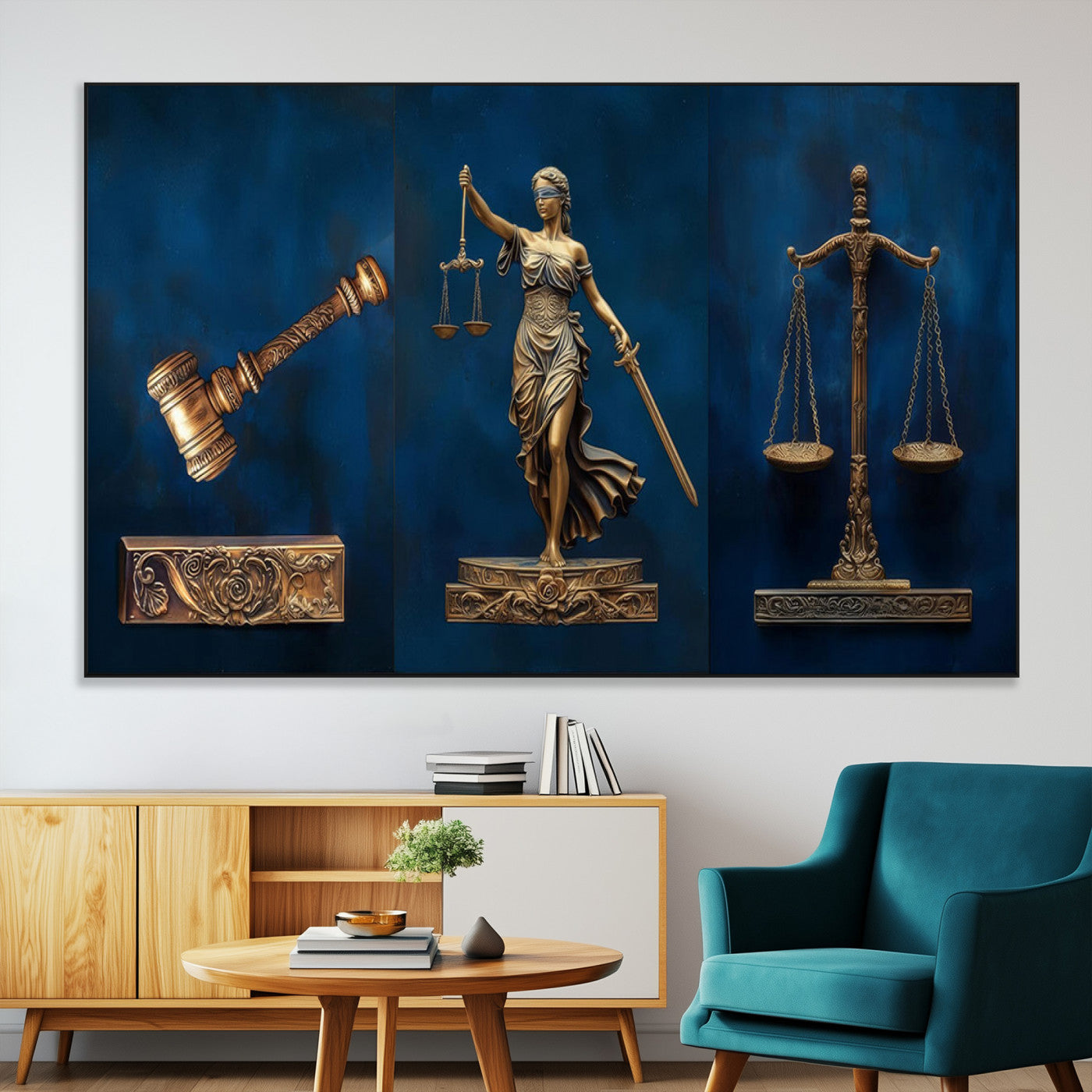 91629053-MGV-CV-36X24-Lady Justice Wall Art – Golden Gavel and Scales Canvas Print, Elegant Legal Office Decor for Lawyers, Judges, Courtroom or Study