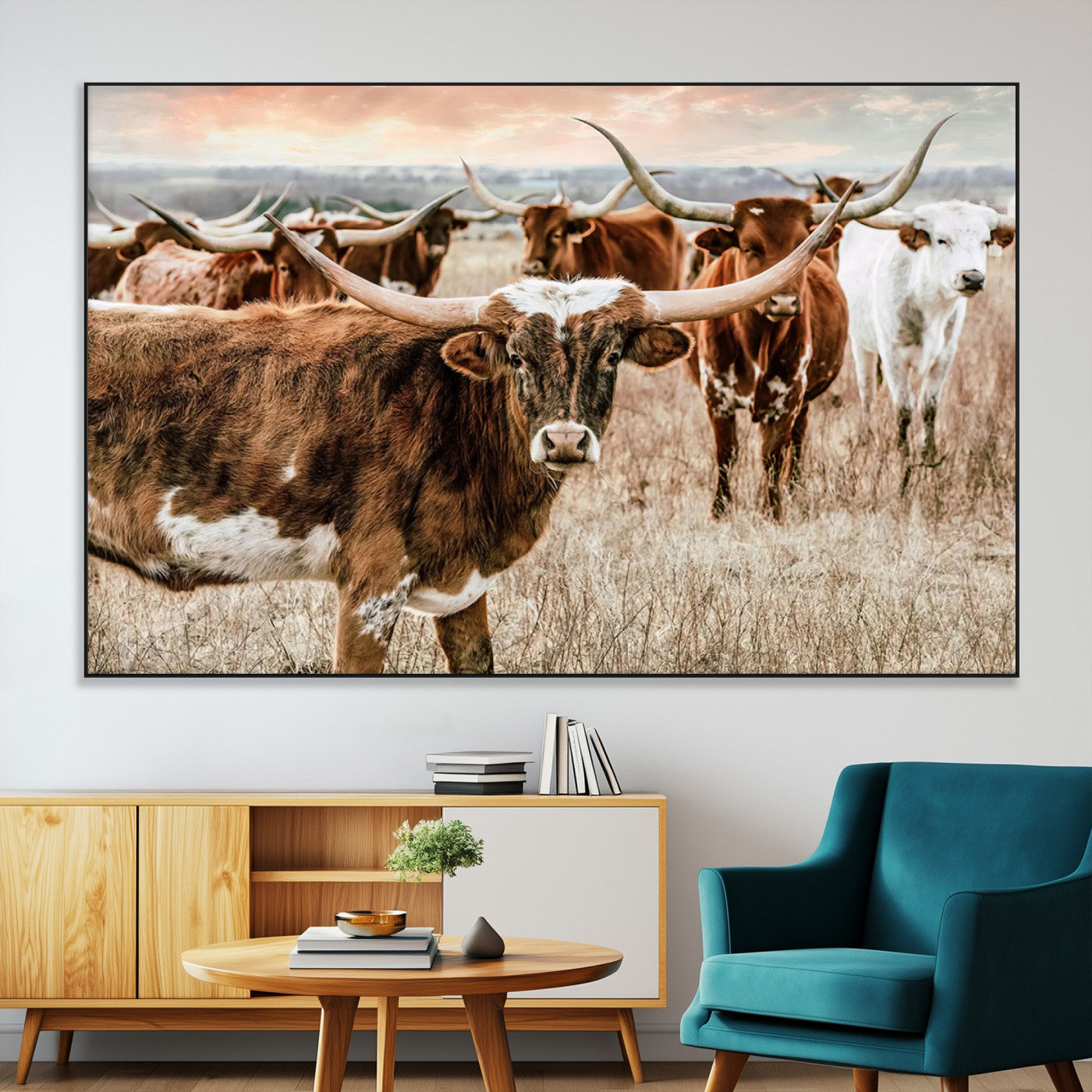 47758300-MGV-CV-36X24-Texas Longhorn Cattle Wall Art – Rustic Western Herd Canvas Print, Cowboy Ranch Farmhouse Decor for Living Room, Office, or