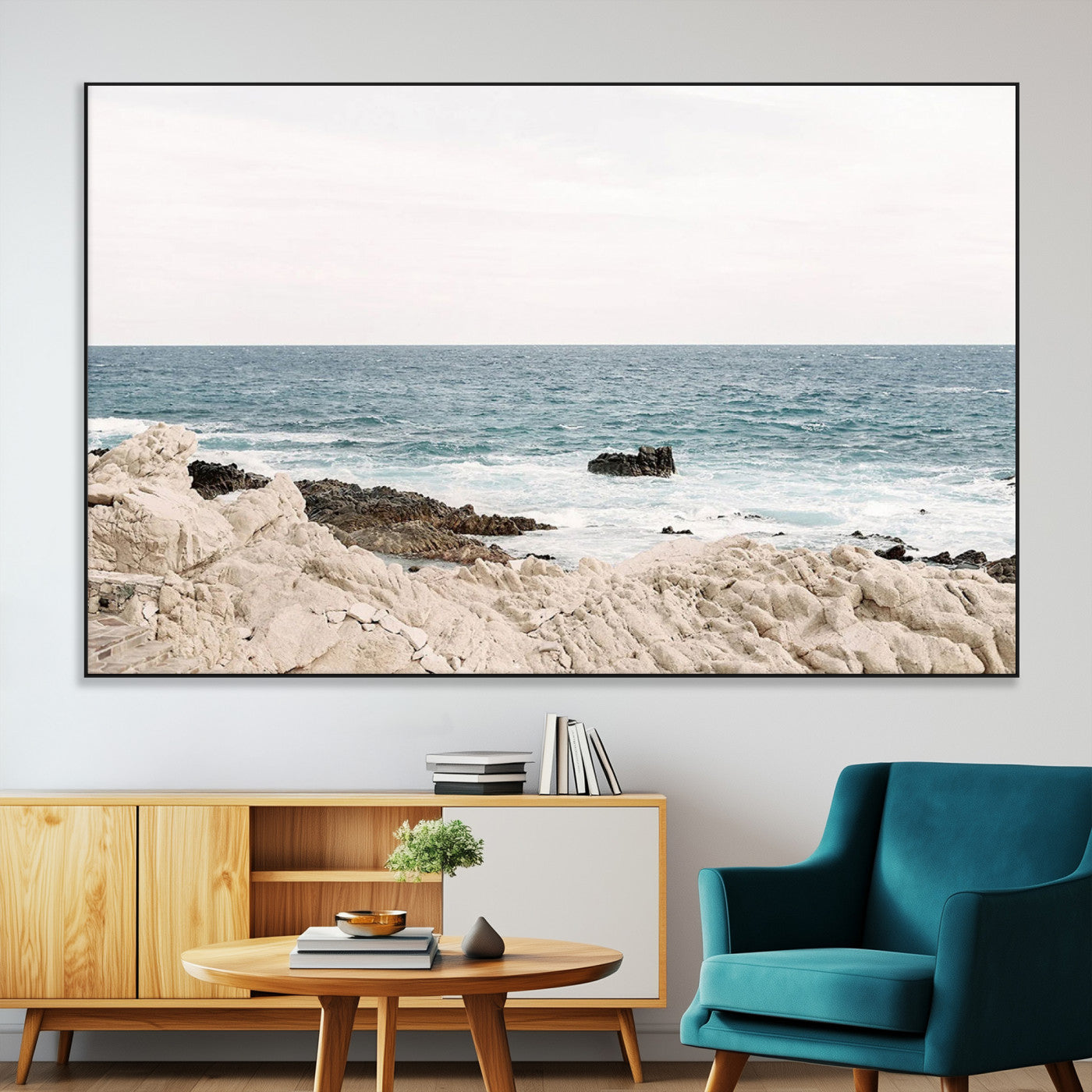 25481980-MGV-CV-36X24-Ocean Coastal Wall Art – Rocky Shoreline and Waves Canvas Print, Serene Beach Landscape Decor for Living Room, Bedroom, or Office