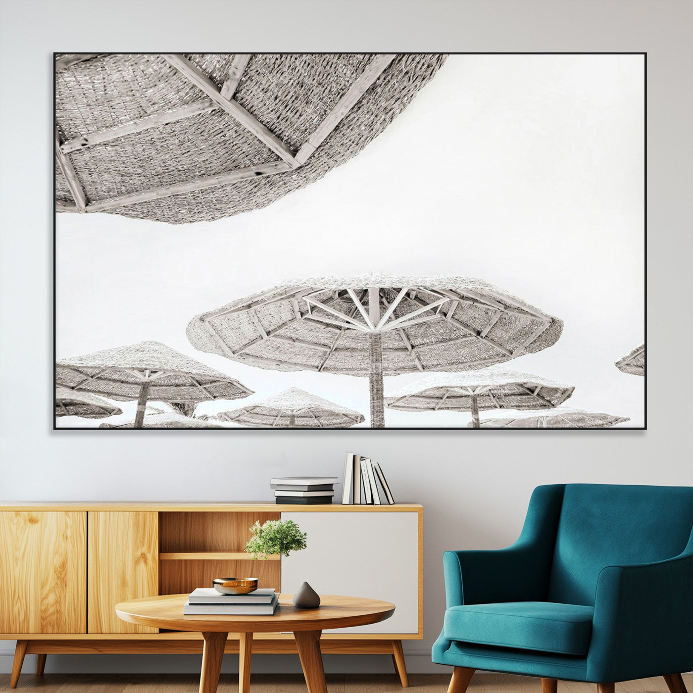 97043123-MGV-CV-36X24-Beach Umbrella Wall Art – Minimalist Coastal Canvas Print, Woven Parasol Summer Decor for Bedroom, Living Room, or Modern Beach