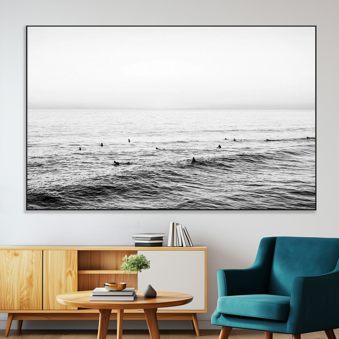 47208268-MGV-CV-36X24-Surfer Ocean Wall Art – Black and White Coastal Canvas Print, Minimalist Surfing Seascape Decor for Living Room, Bedroom, or Beach