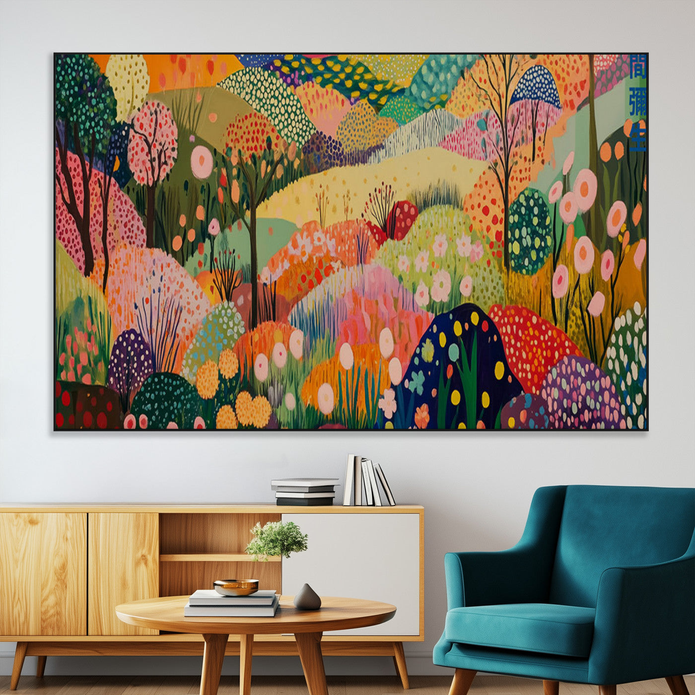 79636380-MGV-CV-36X24-Colorful Abstract Landscape Wall Art – Vibrant Hills and Flowers Canvas Print, Modern Whimsical Artwork for Living Room, Bedroom,