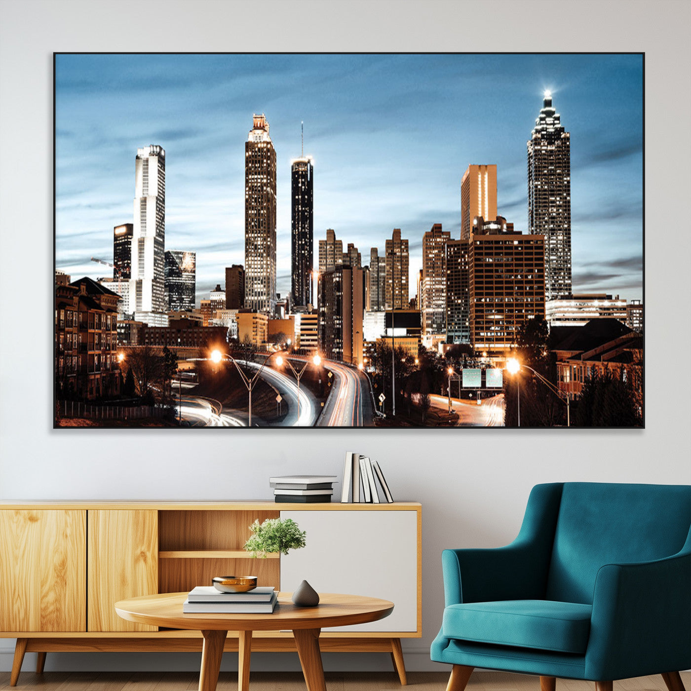 23859158-MGV-CV-36X24-Atlanta Skyline Wall Art – Modern Cityscape Canvas Print with Night Lights and Traffic Trails, Urban Decor for Office, Apartment,