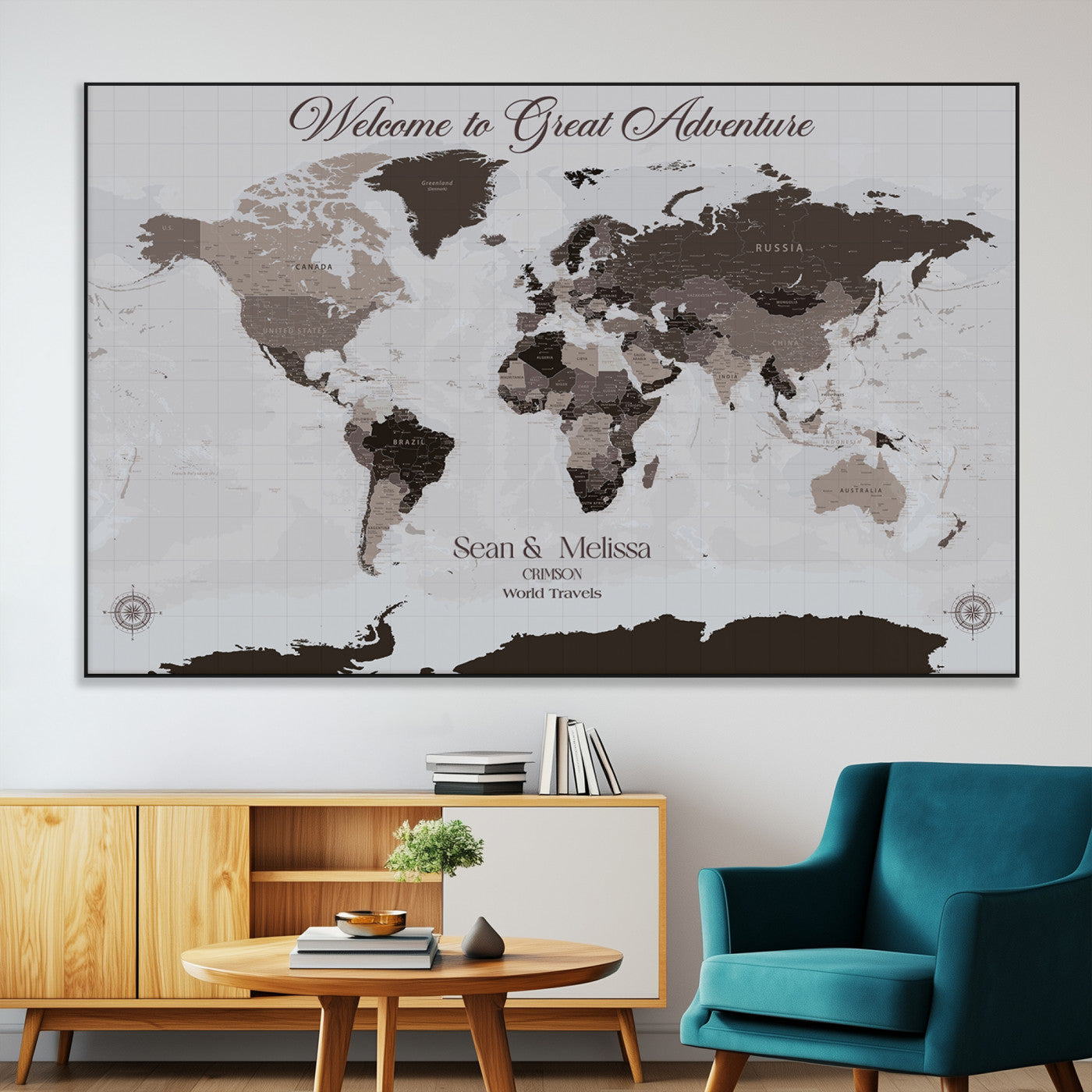 43749658-MGV-CV-36X24-Welcome to Great Adventure World Map Wall Art – Charcoal Gray Canvas Print, Rustic Travel Decor for Living Room, Study, Office or