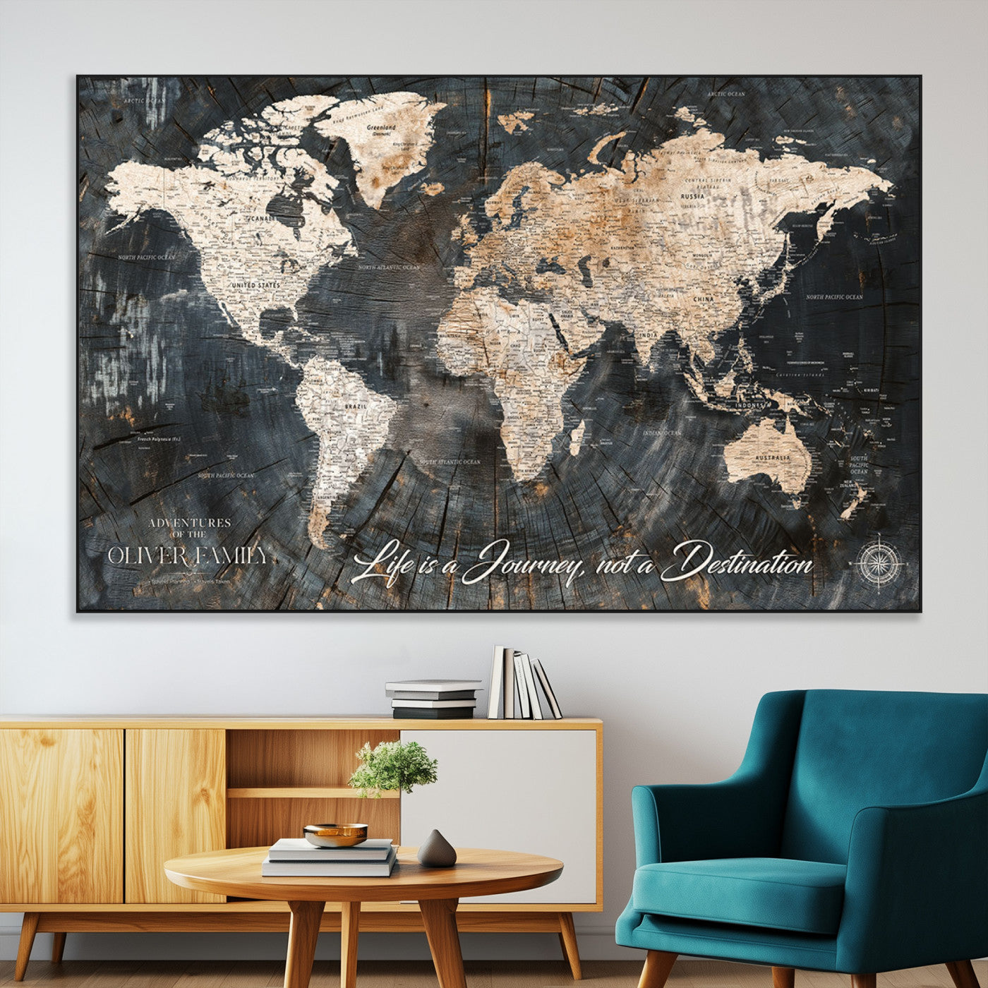 37848568-MGV-CV-36X24-Life is a Journey Not a Destination World Map Rustic Wood Texture Vintage Beige Navy Adventure Wall Art Canvas Print for Home