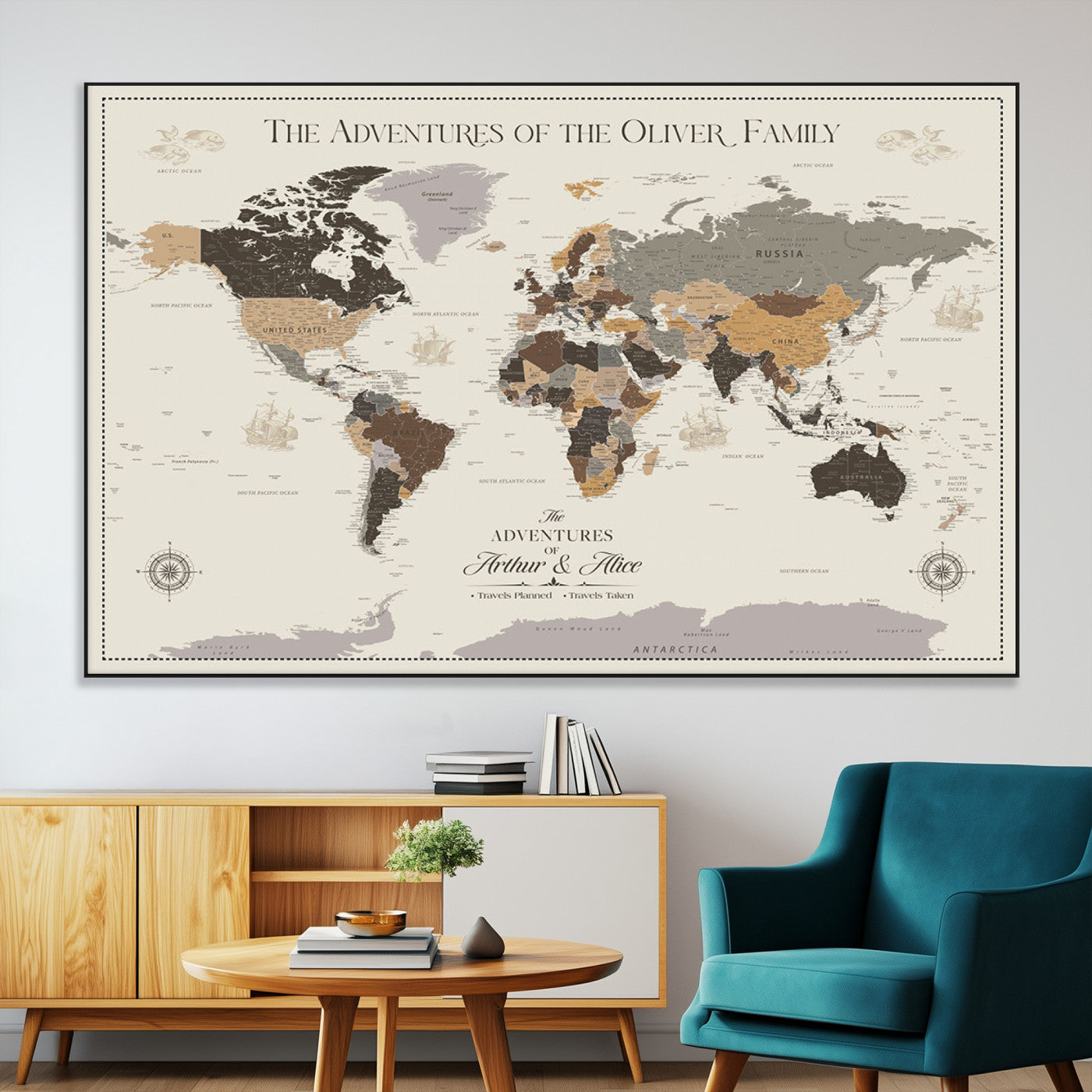 38723540-MGV-CV-36X24-Adventures of the Oliver Family Wall Art – Earth Tone World Map Canvas Print, Minimalist Travel Decor for Living Room, Bedroom or