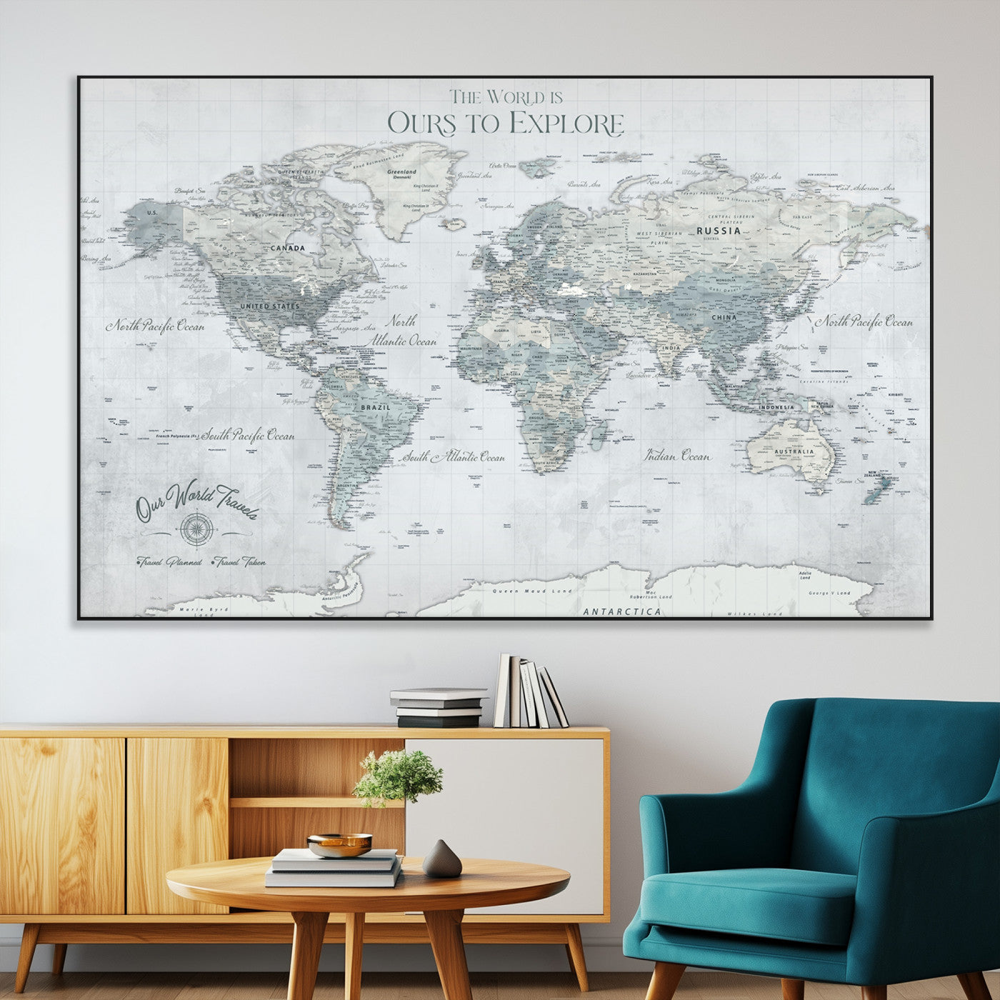 94249974-MGV-CV-36X24-Ours Explore World Map Wall Art – Modern Travel Canvas Print, Neutral Adventure Decor for Living Room, Office, Study, Bedroom,