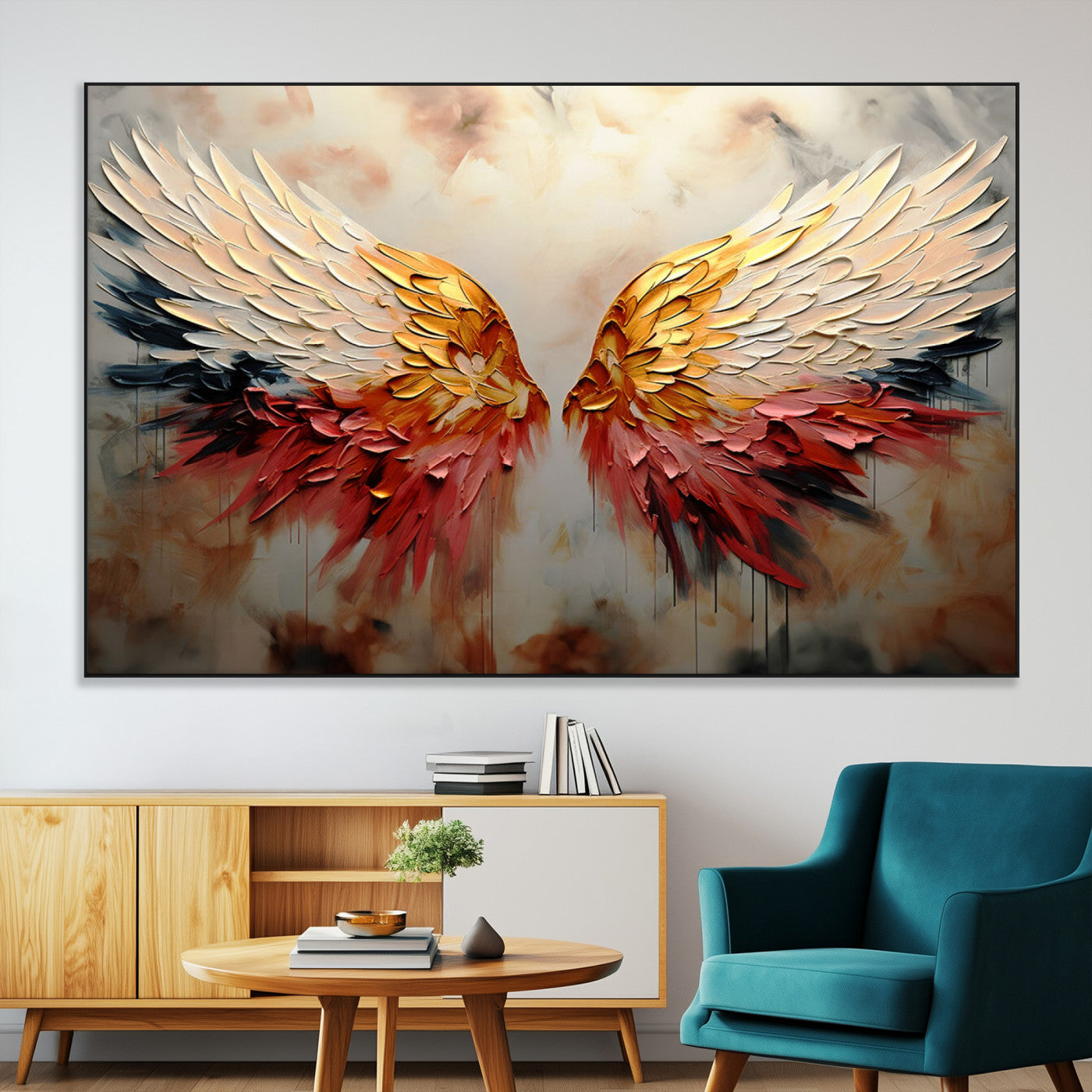 91020932-MGV-CV-36X24-Angel Wings Wall Art – Abstract Colorful Canvas Print with Gold and Red Feathers, Modern Spiritual Decor for Living Room, Bedroom,