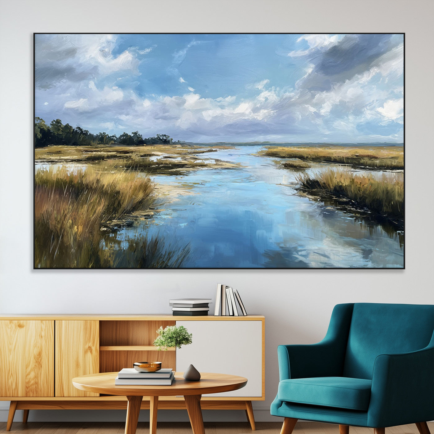 87082041-SEG-FC-51X34_Oversize-Painted Marshland Canvas Wall Art – Serene Water Reflection, Blue Sky, Golden Grass Landscape, Calm Nature Decor for Home, Office,
