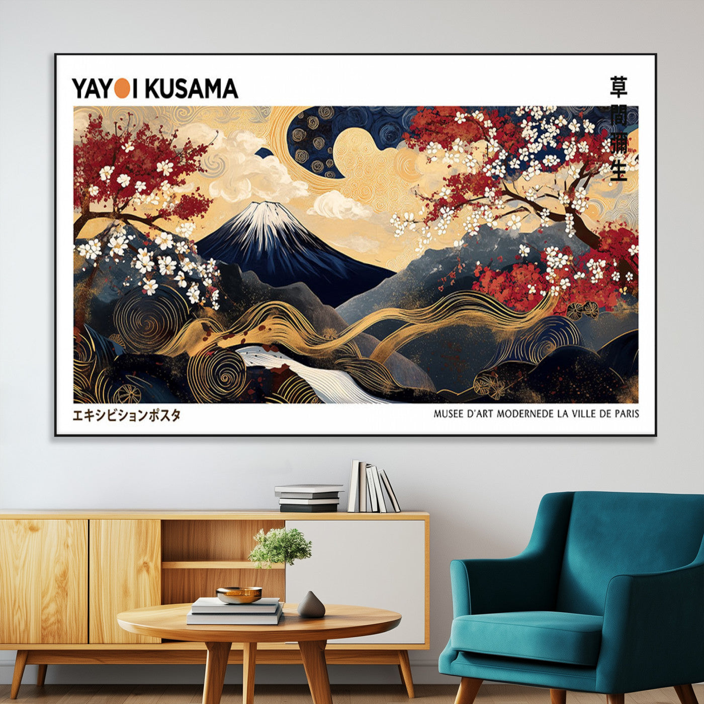 28945903-SEG-FC-51X34_Oversize-Yayoi Kusama Inspired Japanese Art Canvas Print – Framed Floral & Mt. Fuji Wall Decor, Modern Asian Style Canvas for Home, Office,