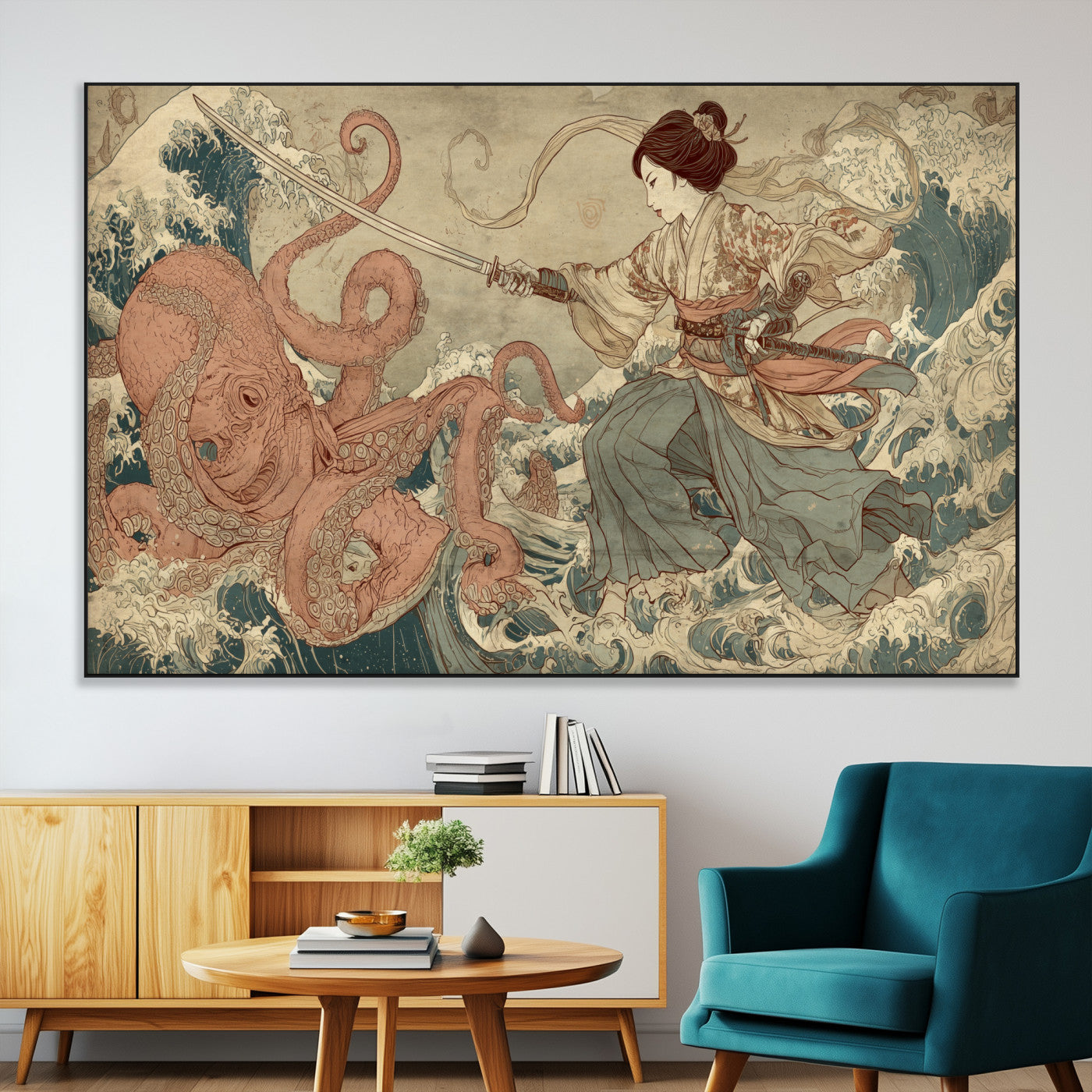 54879547-SEG-FC-51X34_Oversize-Tsukioka Yoshitoshi Samurai Wall Art Print, Japanese Katana Warrior Canvas Wall Art, Octopus Sea Monster Canvas Print,