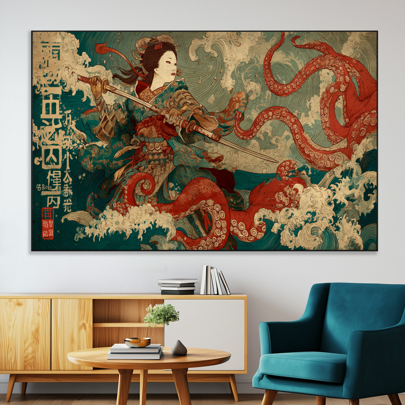 60201267-MGV-CV-36X24-Samurai Woman vs Octopus Wall Art – Japanese Ukiyo-e Armor Canvas Print, Red Tentacle Ocean Battle Artwork for Living Room,