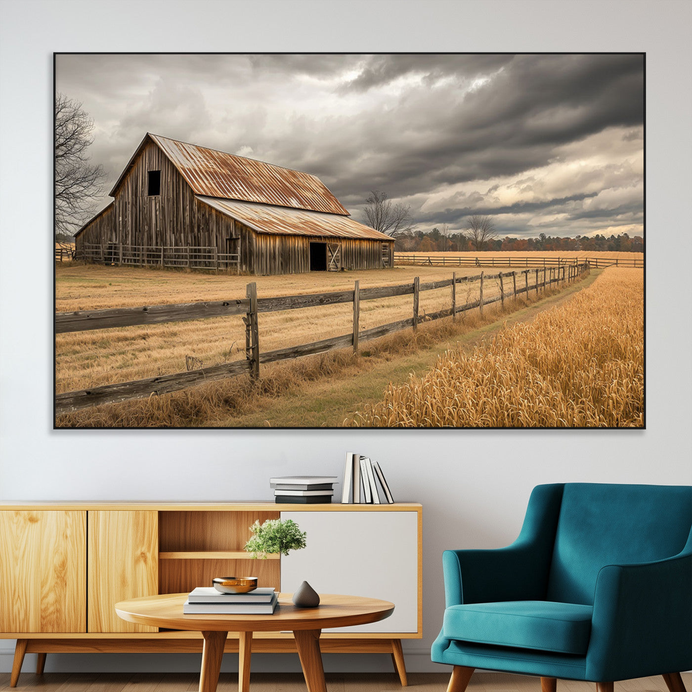 21991117-MGV-CV-36X24-Rustic Barn Wall Art – Weathered Farmhouse Canvas Print, Stormy Sky and Golden Field Photography Decor for Bedroom, Living Room,