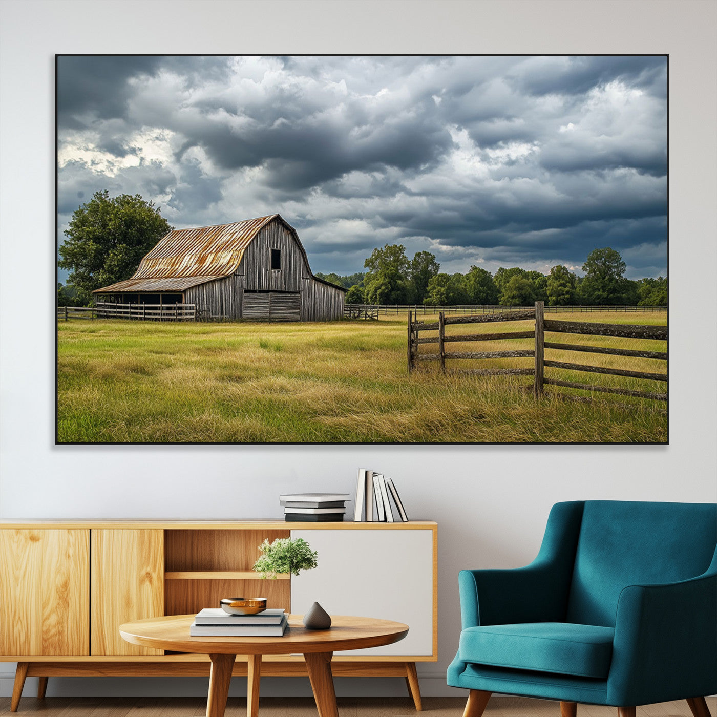 39409517-MGV-CV-36X24-Rustic Barn Wall Art – Weathered Farmhouse and Storm Clouds Canvas Print, Country Landscape Photography Decor for Bedroom, Living