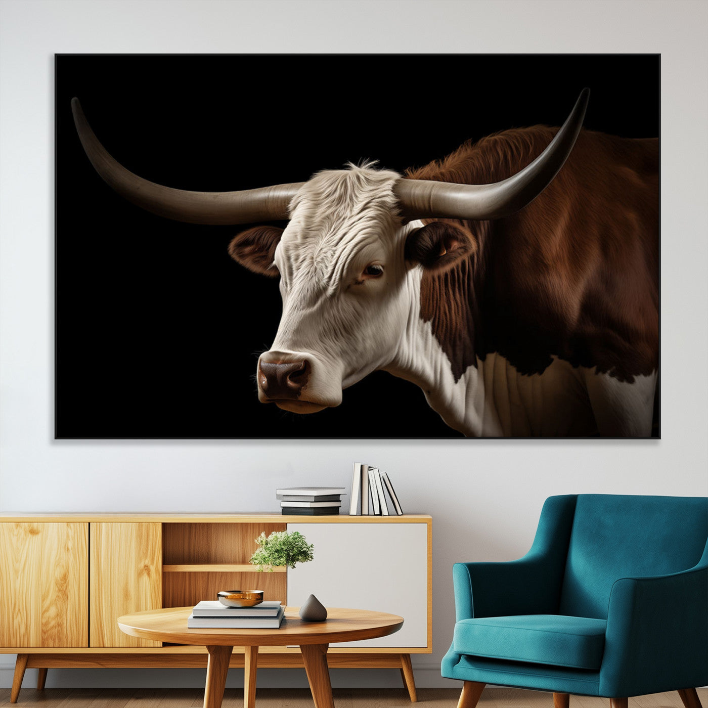 27414857-SEG-FC-51X34_Oversize-Texas Longhorn Bull Canvas Wall Art – Rustic Western Farmhouse Decor, Brown & White Cow Portrait, Animal Print for Ranch Home