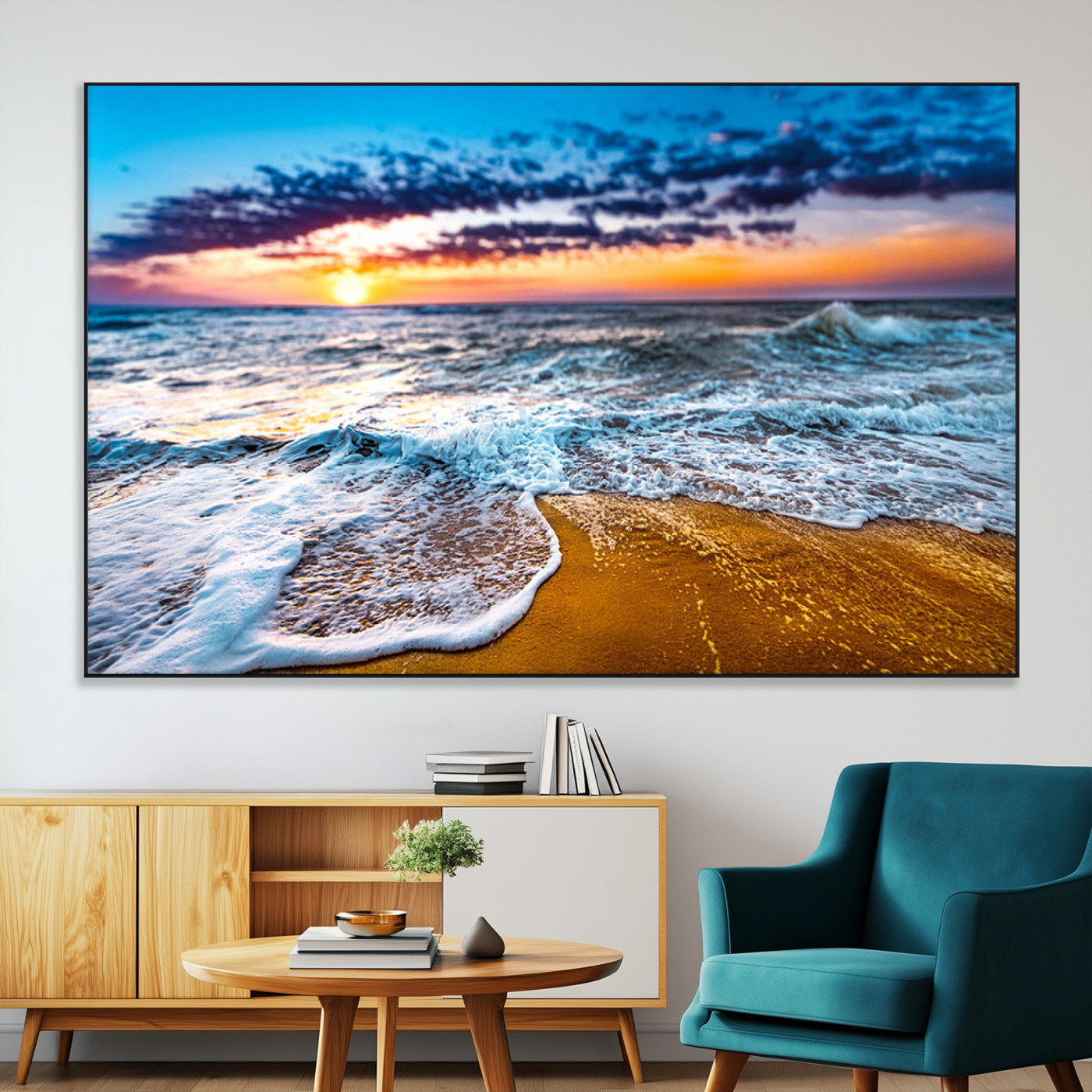 24077769-MGV-CV-36X24-Sunset Beach Wall Art – Ocean Waves Canvas Print, Golden Shoreline Photography Coastal Decor for Living Room, Bedroom, Office,