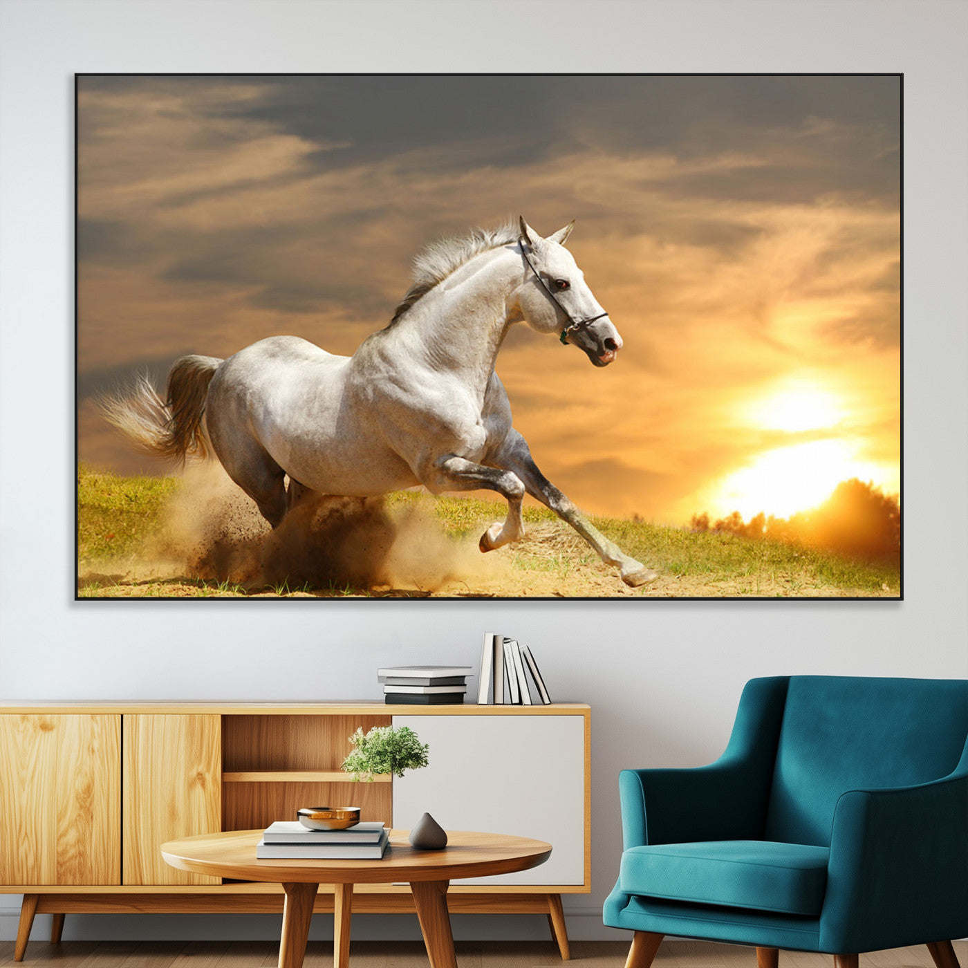 67478480-MGV-CV-36X24-White Horse Running at Sunset Wall Art – Majestic Equestrian Photography Print, Rustic Farmhouse Decor, Golden Sky Horse Lover