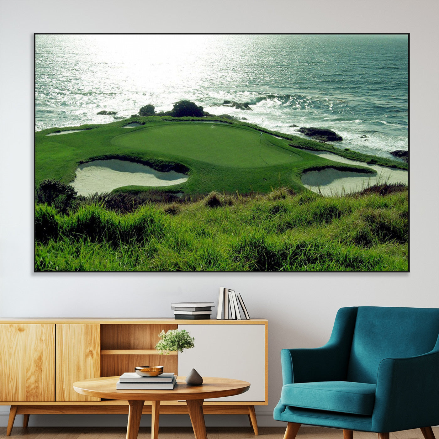 48473947-MGV-CV-36X24-Ocean Golf Course Wall Art – Panoramic Green Fairway Canvas Print, Coastal Golf Landscape Photography Sports Decor for Office, Man
