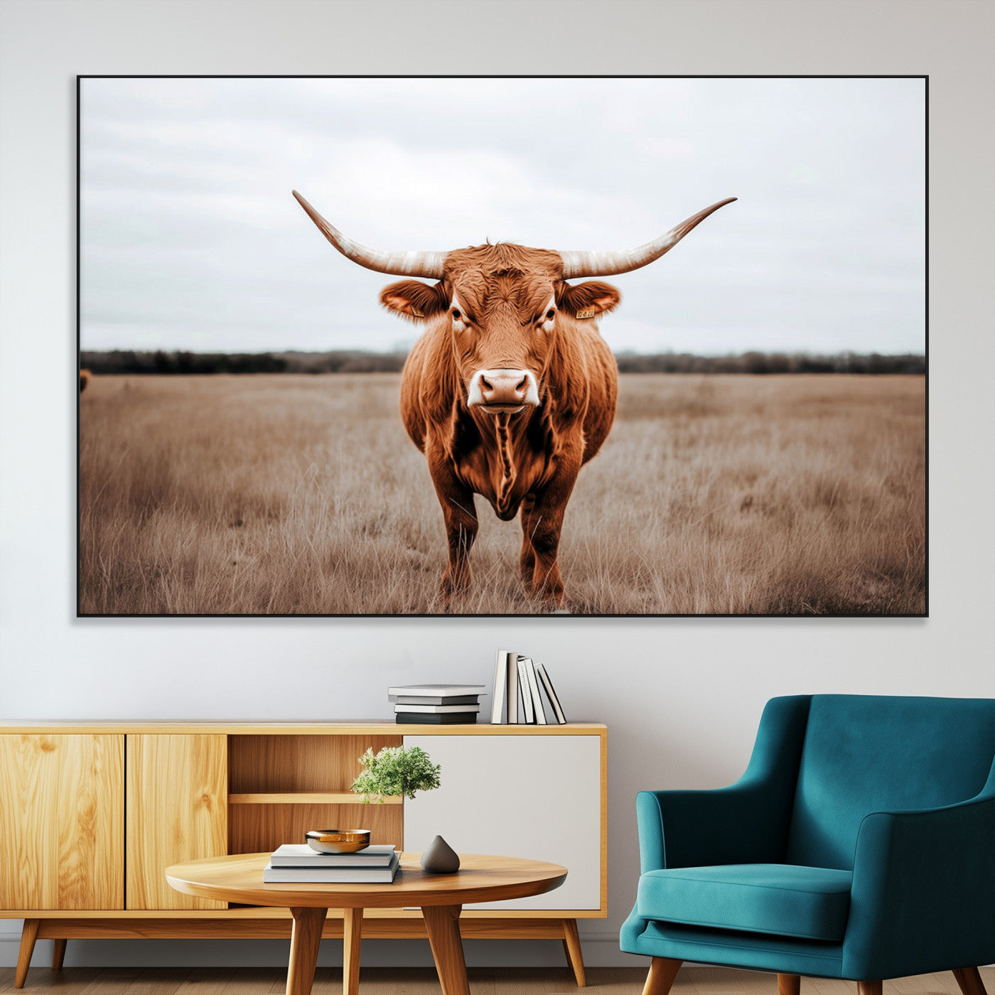 16316734-MGV-CV-36X24-Texas Longhorn Wall Art – Rustic Bull Portrait Canvas Print, Western Farmhouse Animal Photography Decor for Living Room, Office,