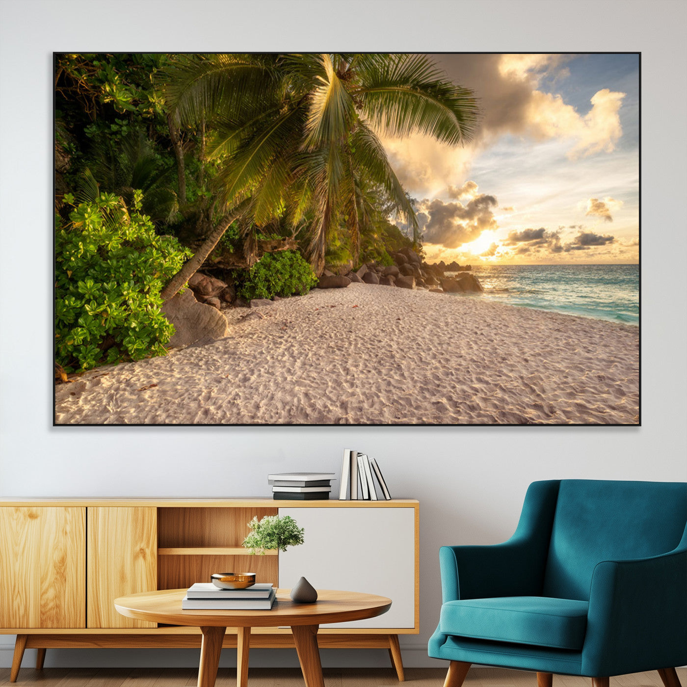 89531159-MGV-CV-36X24-Tropical Beach Sunset Canvas Wall Art – Palm Trees Golden Sand Ocean Waves Coastal Paradise Print for Beach House Bedroom Bathroom