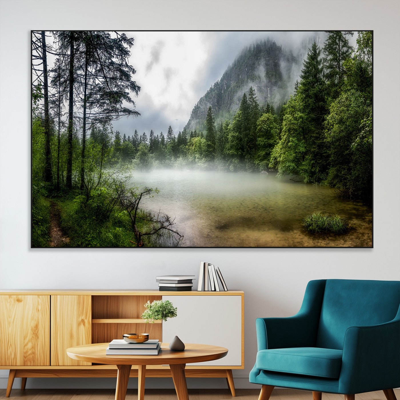 93123937-MGV-CV-36X24-Landscape Wall Art – Misty Mountain Lake Canvas Print, Tranquil Forest and Waterfall Photography Decor for Bedroom, Living Room,