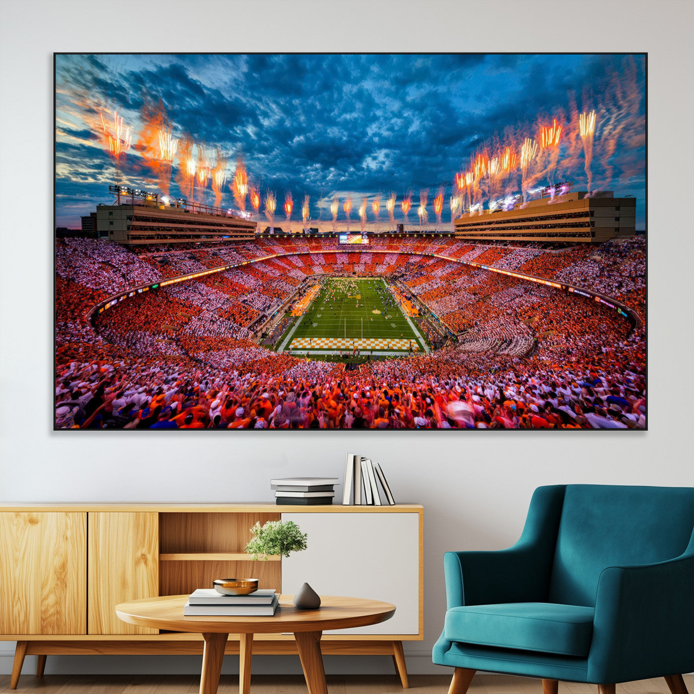 94266219-MGV-CV-36X24-Neyland Stadium Wall Art – Panoramic Tennessee Volunteers Checkerboard Crowd Fireworks Canvas Print, Football Game Day Sports