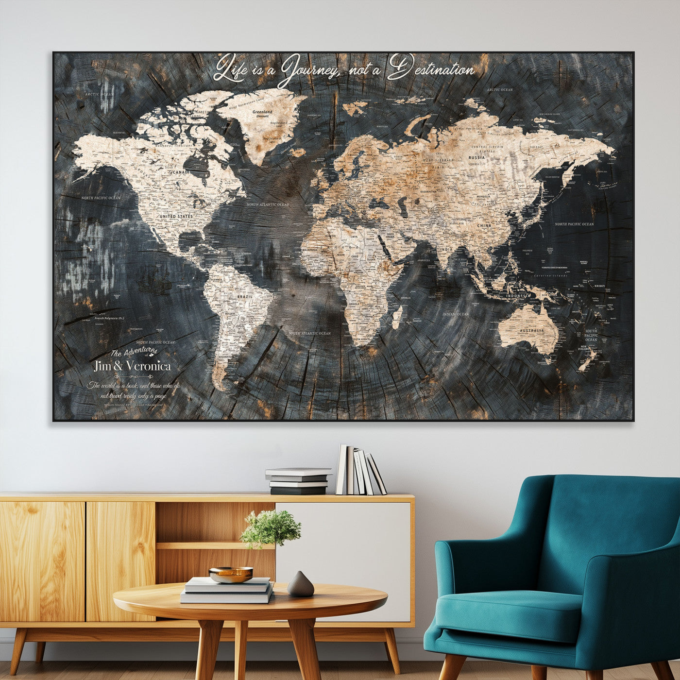 55548943-MGV-CV-36X24-Personalized World Map Wall Art – Rustic Wood Texture Adventure Travel Map with Custom Couple Names, Vintage Dark Wall Decor for