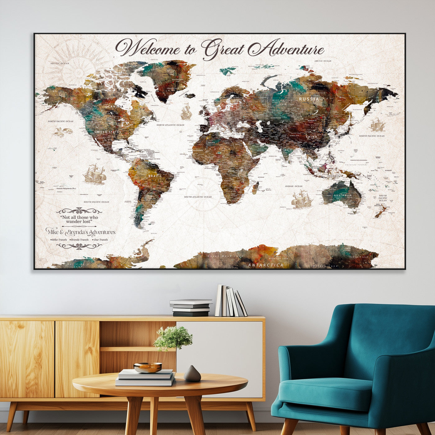 67029173-MGV-CV-36X24-Personalized World Map Wall Art – Colorful Vintage Adventure Travel Map with Custom Couple Names, Rustic Wall Decor for Home,