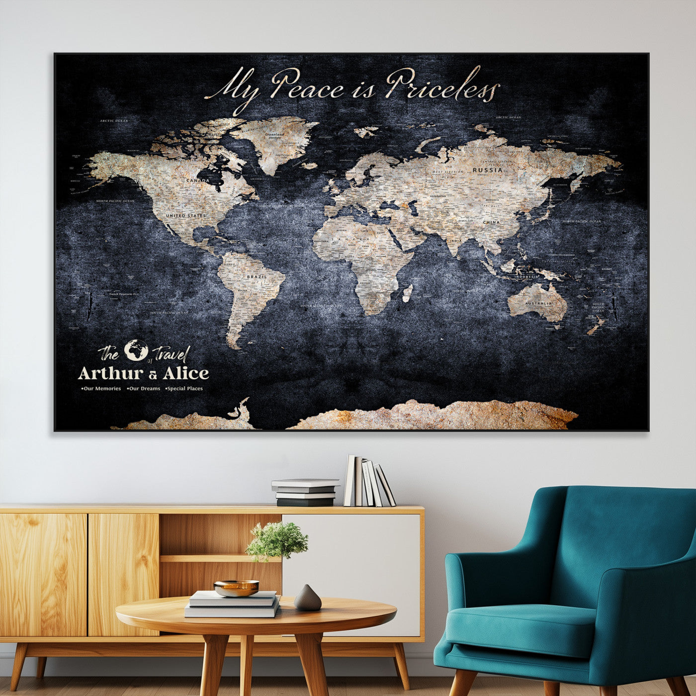 85403043-MGV-CV-36X24-Personalized World Map Wall Art – Dark Blue Rustic Adventure Map with Custom Couple Names, Vintage Wall Decor for Home or Travel