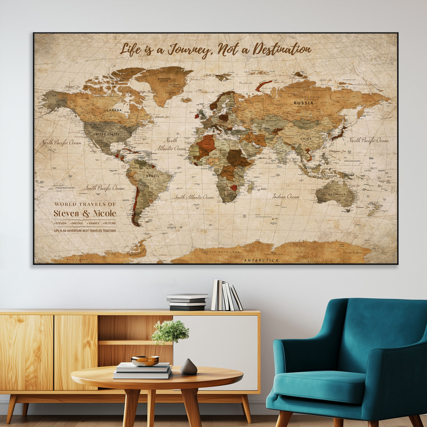 75179116-MGV-CV-36X24-Personalized World Map Wall Art – Rustic Vintage Travel Map with Custom Names, Inspirational Adventure Décor for Couples, Families