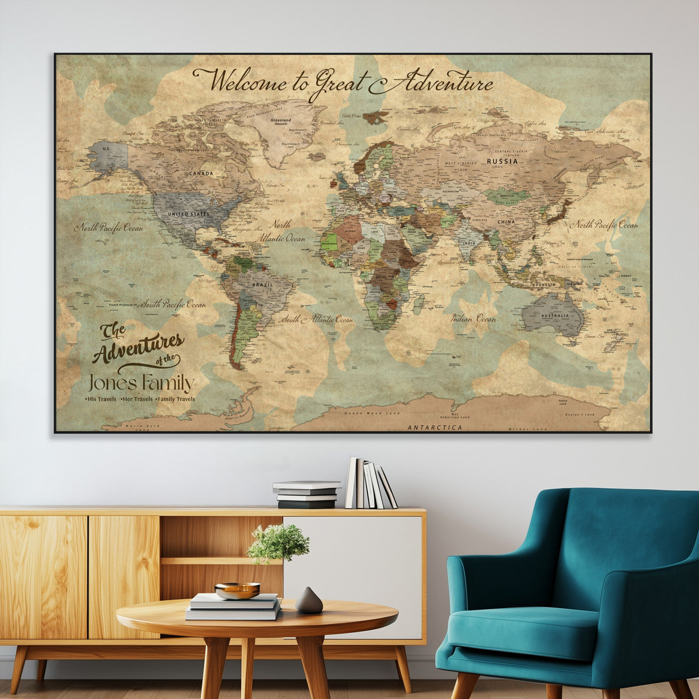32019746-MGV-CV-36X24-Personalized World Map Wall Art – Vintage Camo Adventure Travel Map with Custom Family Names, Rustic Wall Decor for Couples, Home