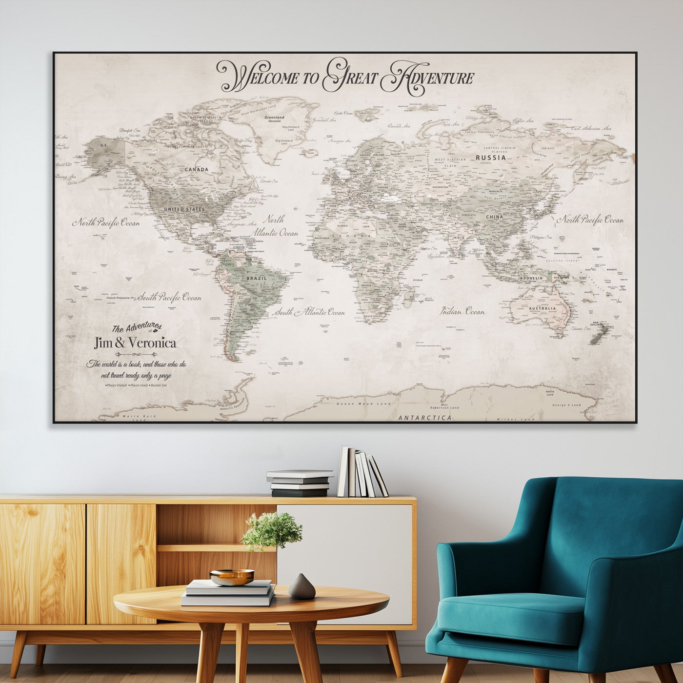 93034948-MGV-CV-36X24-Personalized World Map Wall Art – Vintage Beige Adventure Travel Map with Custom Names, Elegant Push Pin Canvas for Couples,