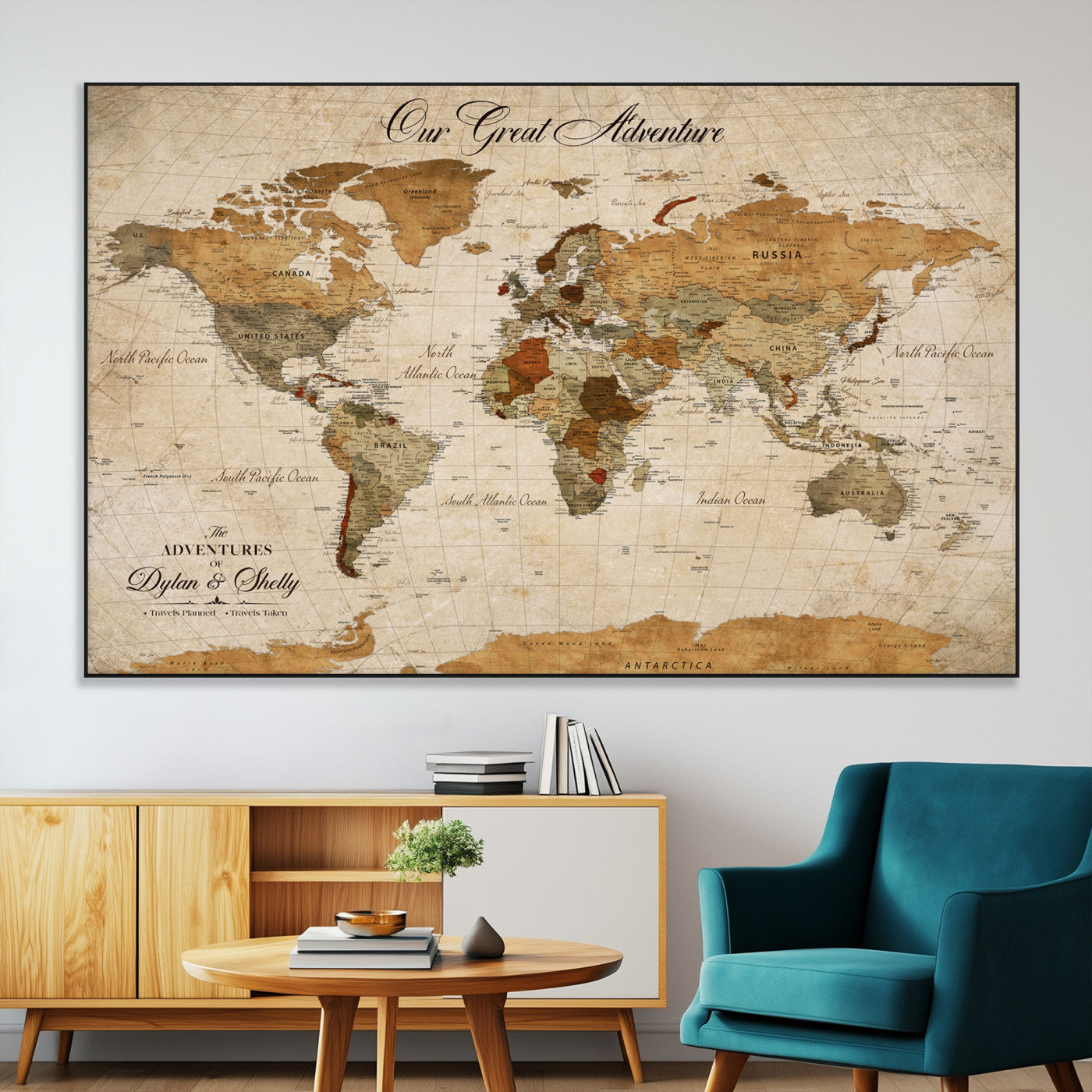 91961147-MGV-CV-36X24-Personalized World Map Wall Art – Vintage Sepia Adventure Travel Map with Custom Couple Names, Rustic Wall Decor for Home, Couples