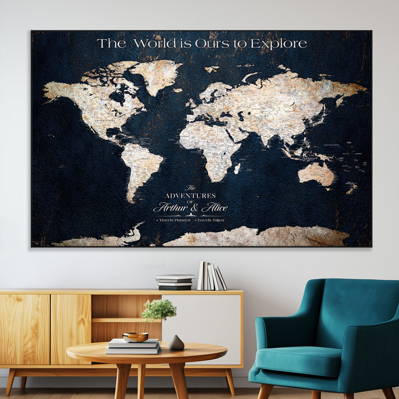 13231361-MGV-CV-36X24-Personalized World Map Wall Art – Navy Blue Vintage Adventure Travel Map with Custom Names, Elegant Push Pin Canvas for Couples